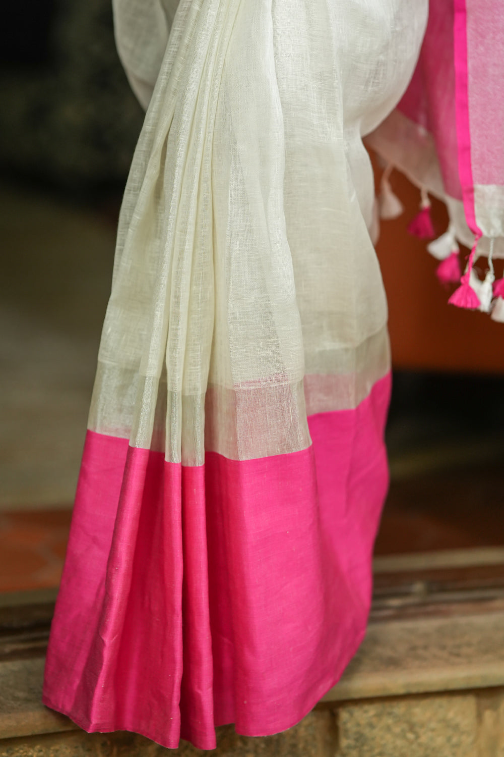 White, Pink and Silver Pure Linen Saree