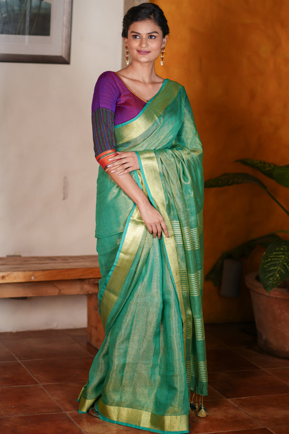 Rama Green and Gold Tissue by Linen Saree
