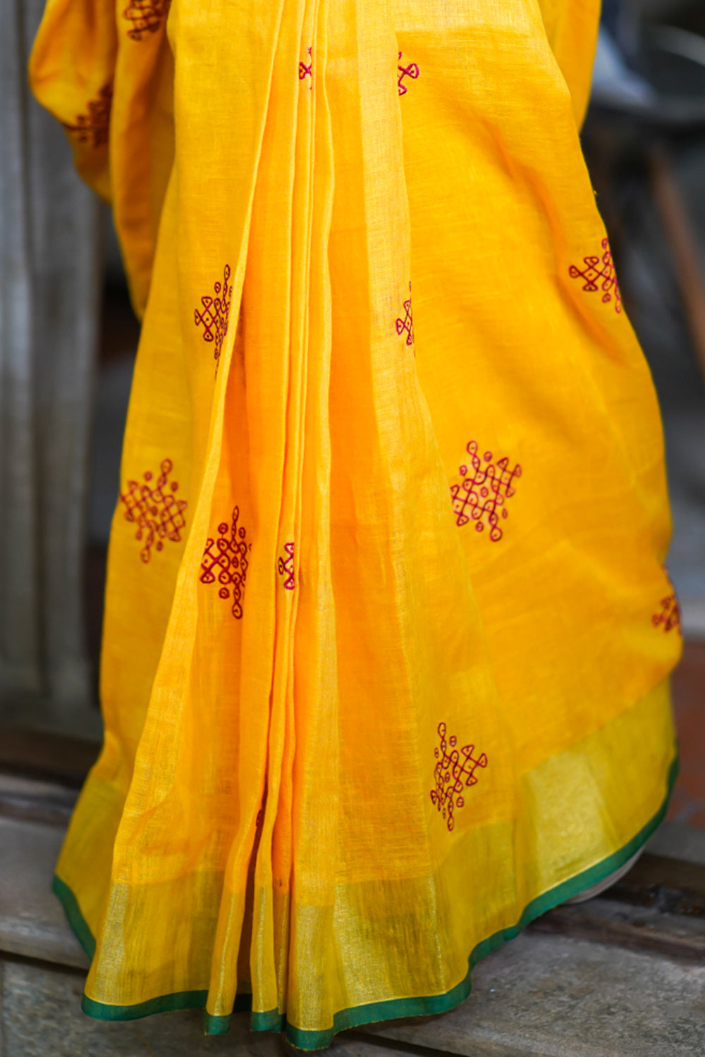 Rangoli Embroidered Border on Pure Linen by Linen Saree in Yellow, Gold and Green