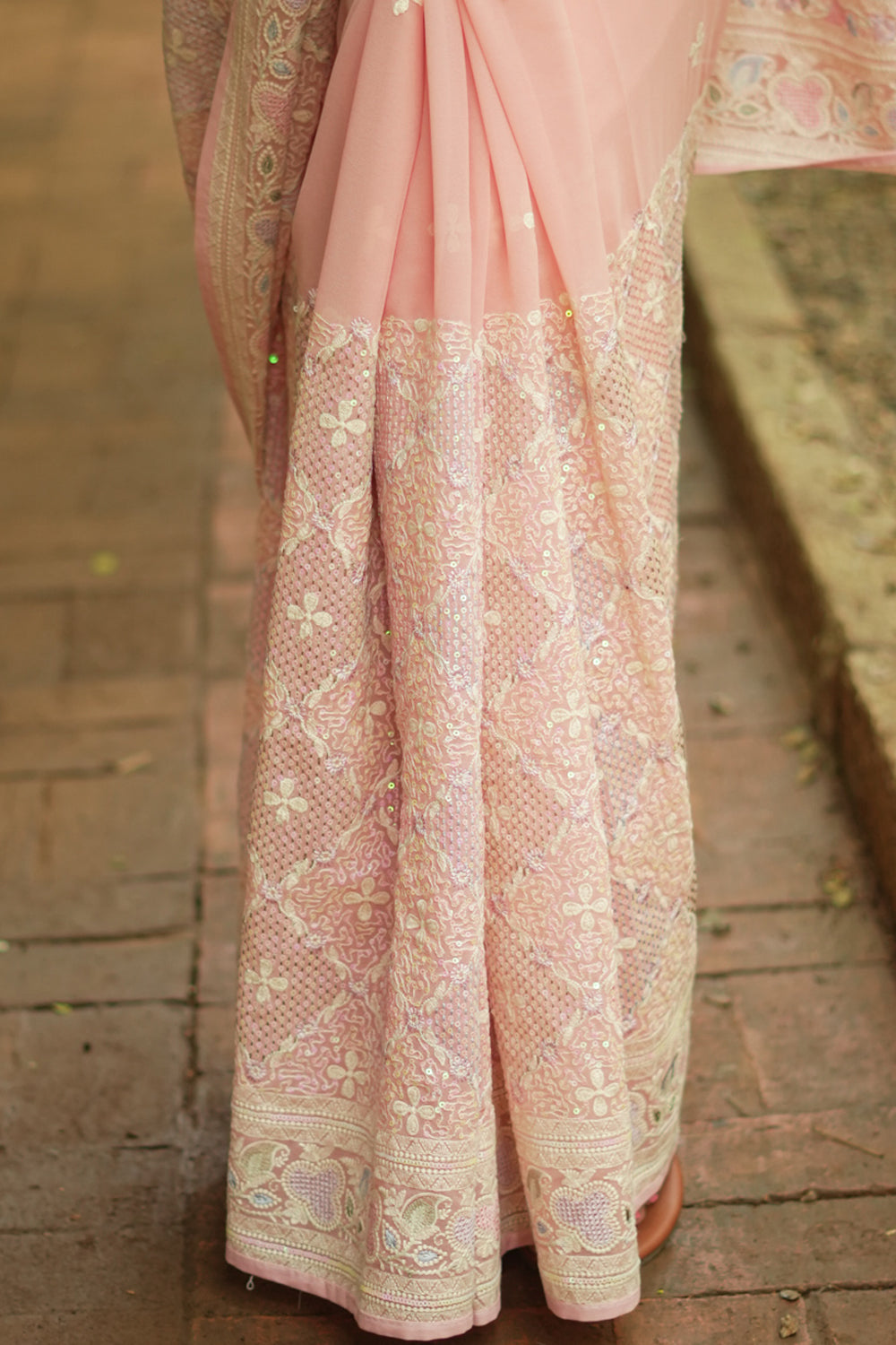 Peach chickankari with multicolour sequin work georgette saree