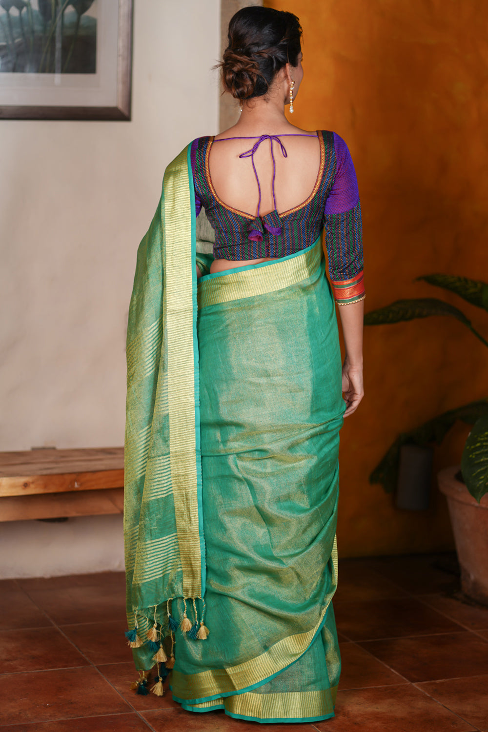 Rama Green and Gold Tissue  Linen Saree