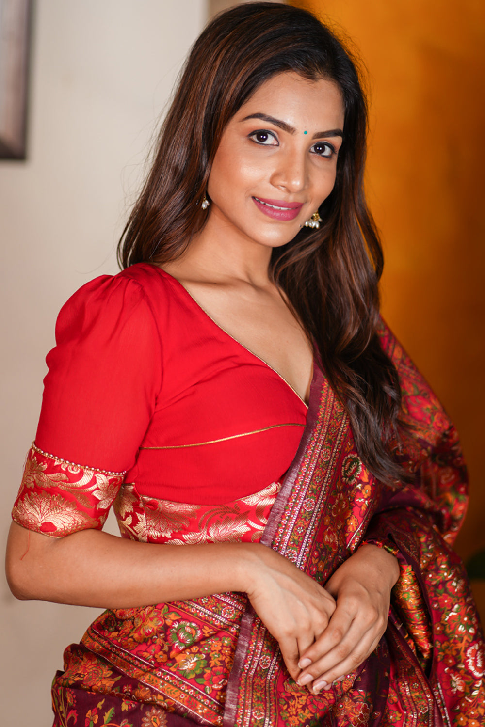 Red Chiffon Blouse with Brocade detailing