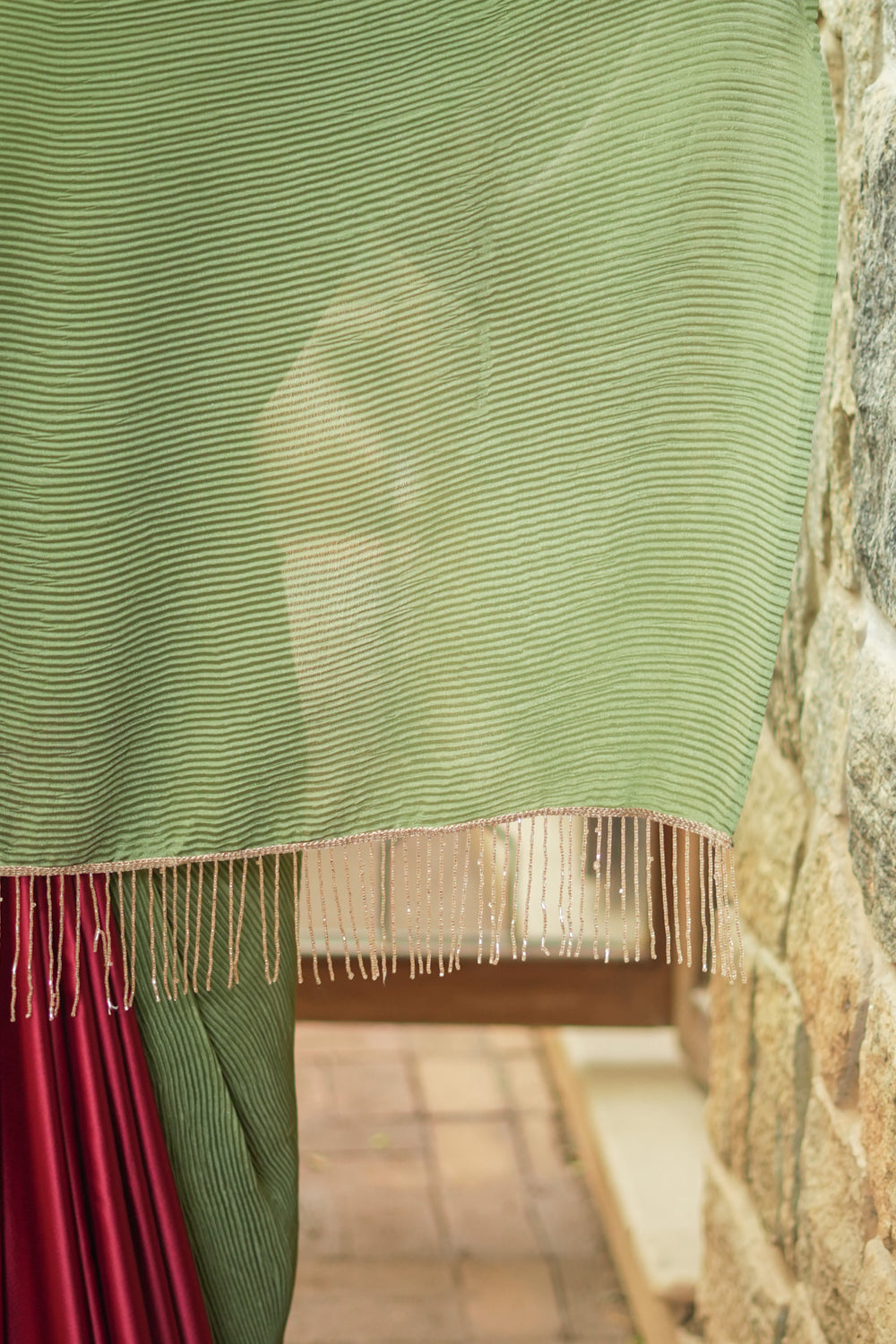 Sage green and maroon pleated satin saree