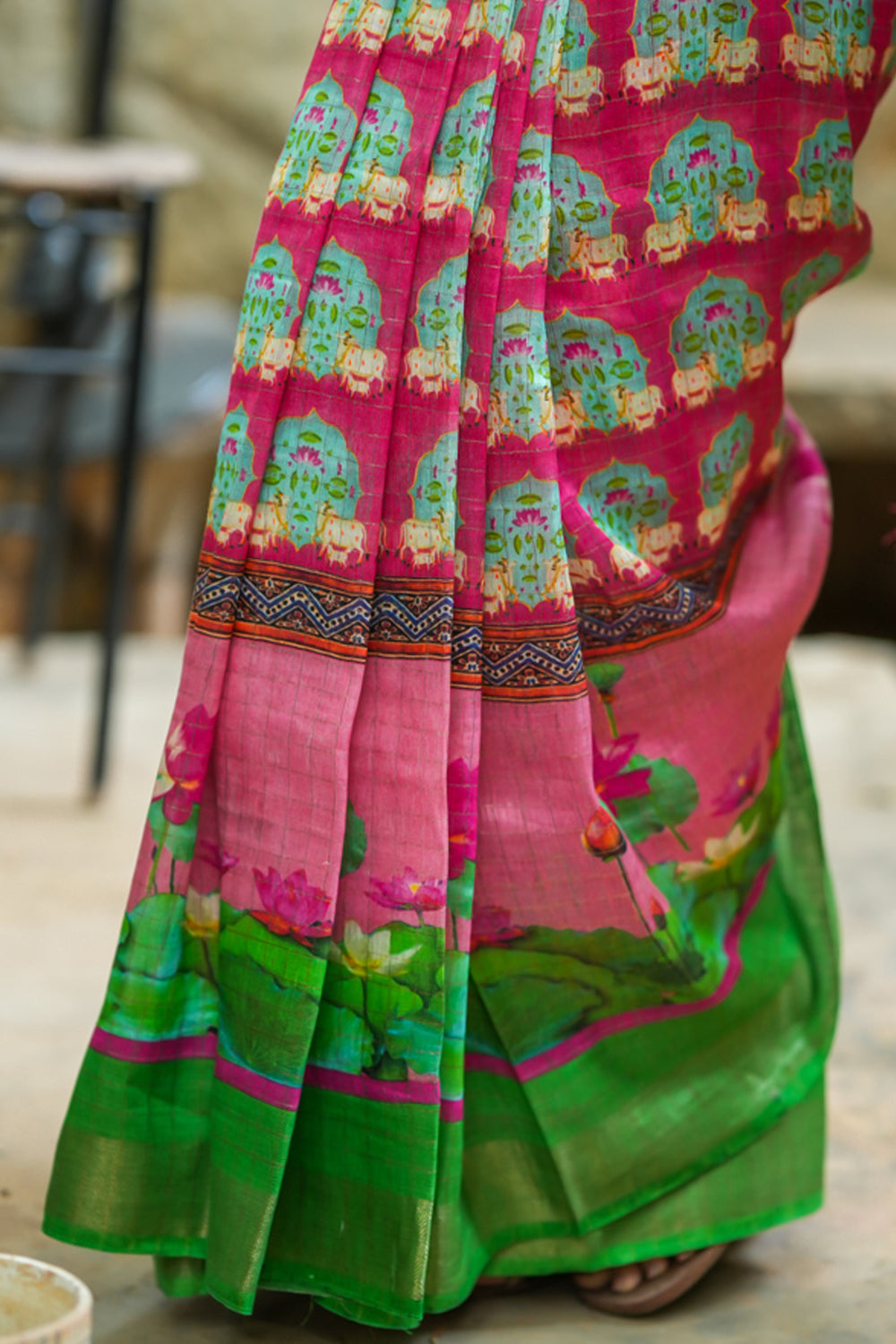 Pink and Green Linen Saree with Pichwai Digital print