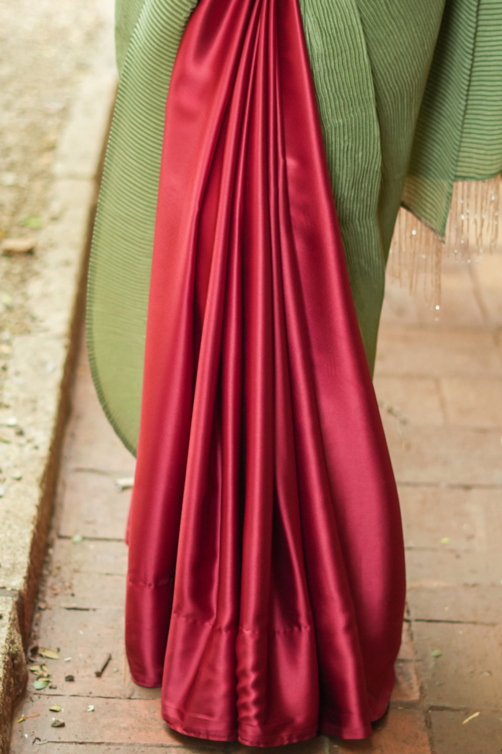 Sage green and maroon pleated satin saree