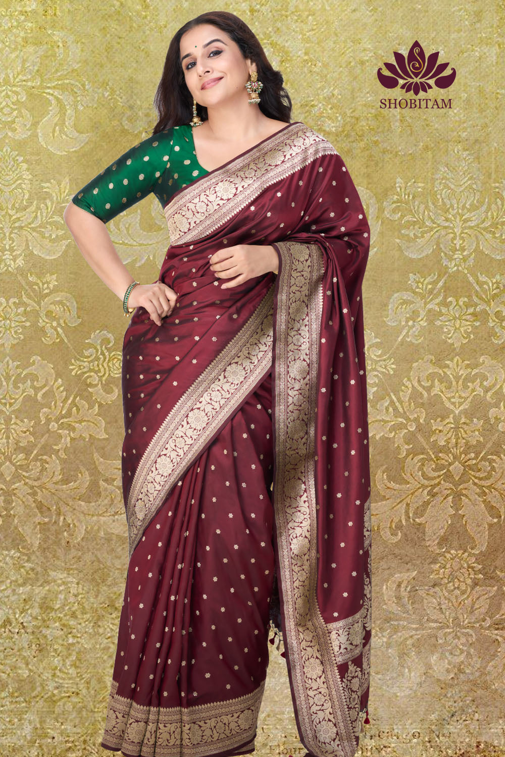 Exquisite Celebrity Banarasi Katan Silk Saree in Garnet with Chunri Buttis and resplendant pallu | SILK MARK CERTIFIED