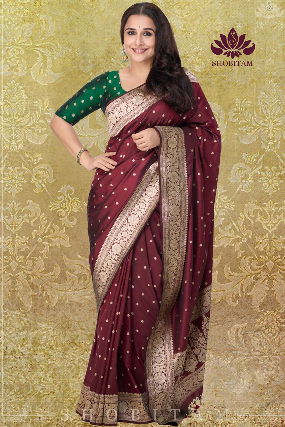 Exquisite Celebrity Banarasi Katan Silk Saree in Garnet with Chunri Buttis and resplendant pallu | SILK MARK CERTIFIED