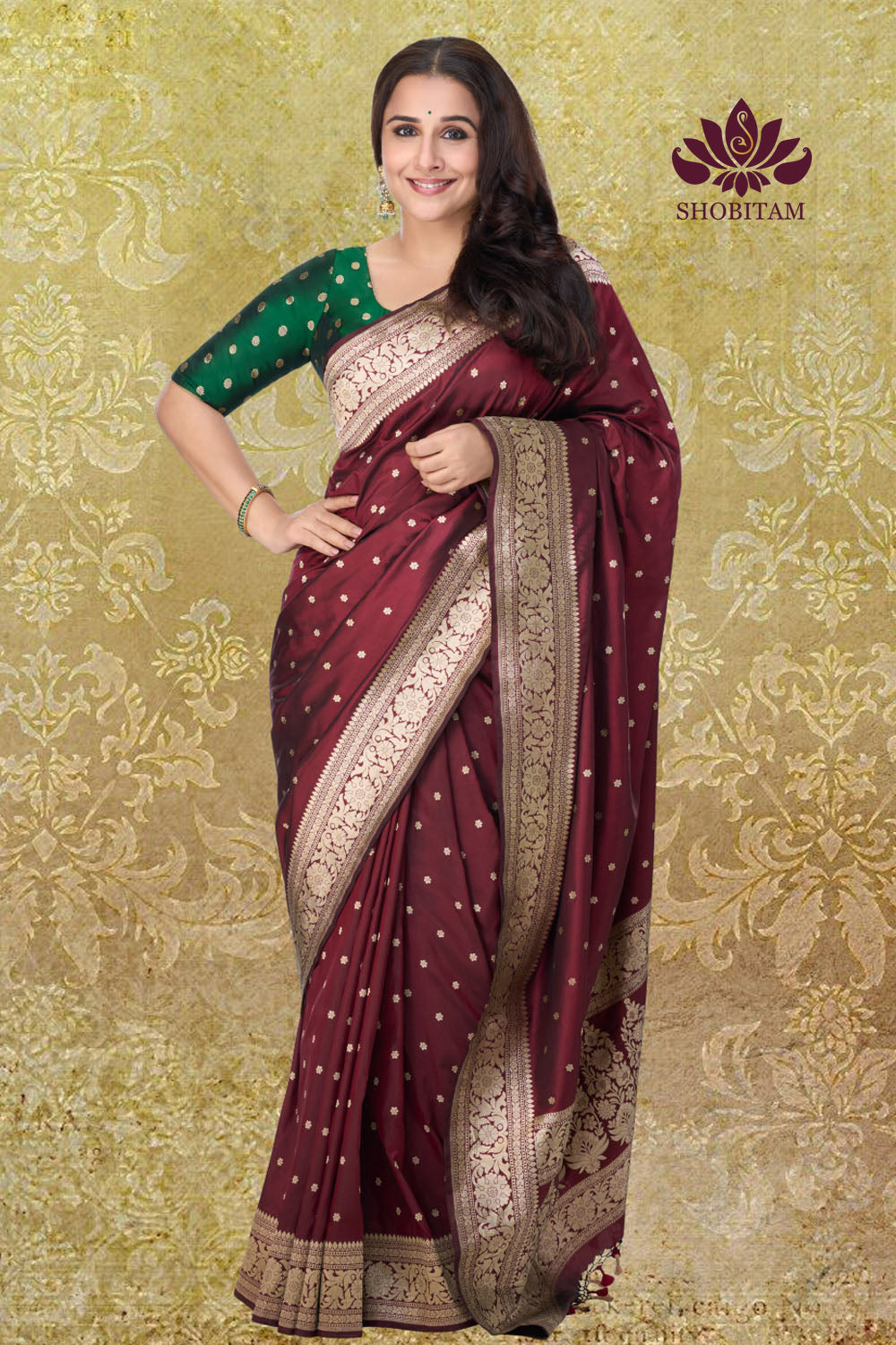 Exquisite Celebrity Banarasi Katan Silk Saree in Garnet with Chunri Buttis and resplendant pallu | SILK MARK CERTIFIED