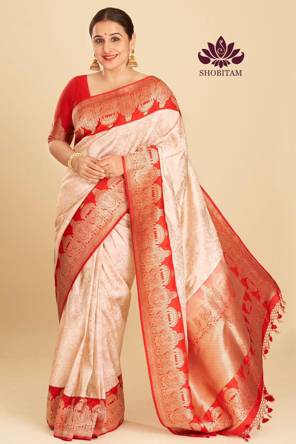 Exquisite Celebrity Brocade Banarasi Pure Katan Silk Saree in Ivory, Red & Gold with Dome Shaped Kadhiyal Borders | SILK MARK CERTIFIED