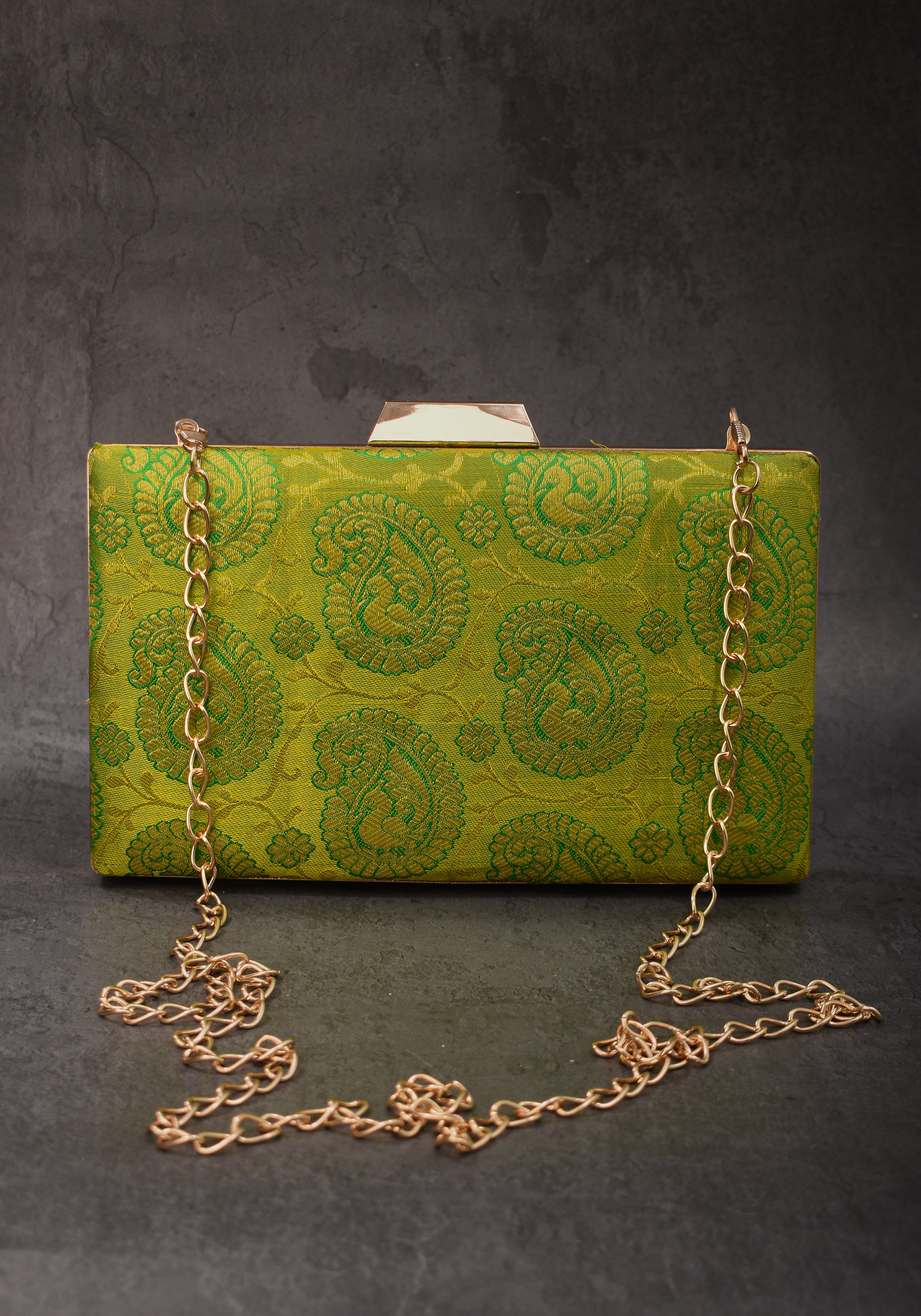 100% Pure Silk Brocade Kanjivaram Clutch in Lime Green Paisley Design