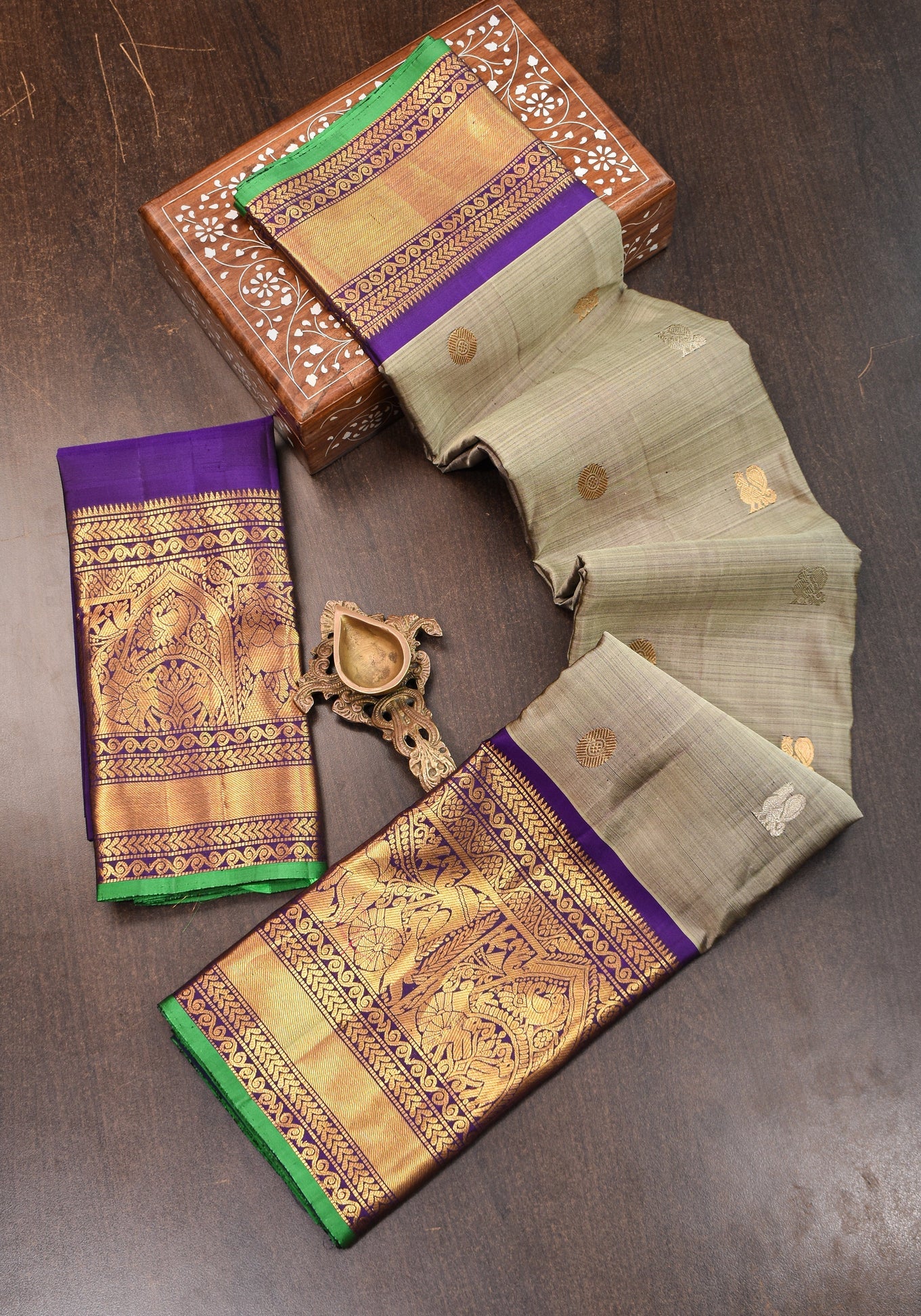 Preorder: Exquisite Handwoven Gadwal Pure Silk Saree in Gray and Purple with 11" wide zari Border | SILK MARK CERTIFIED