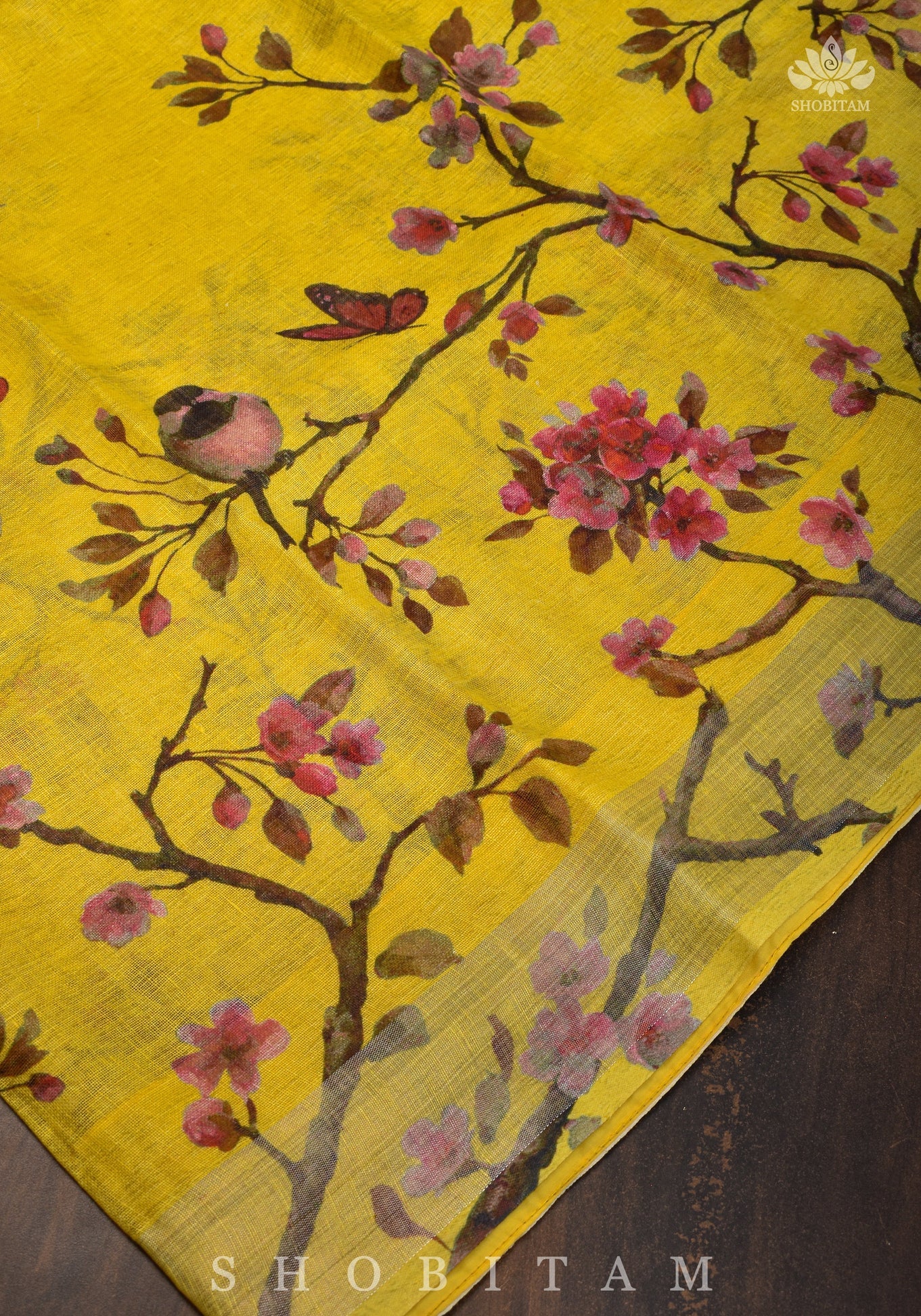 Vidya Balan Yellow Floral Linen Saree with Silver Border | Shobitam Saree