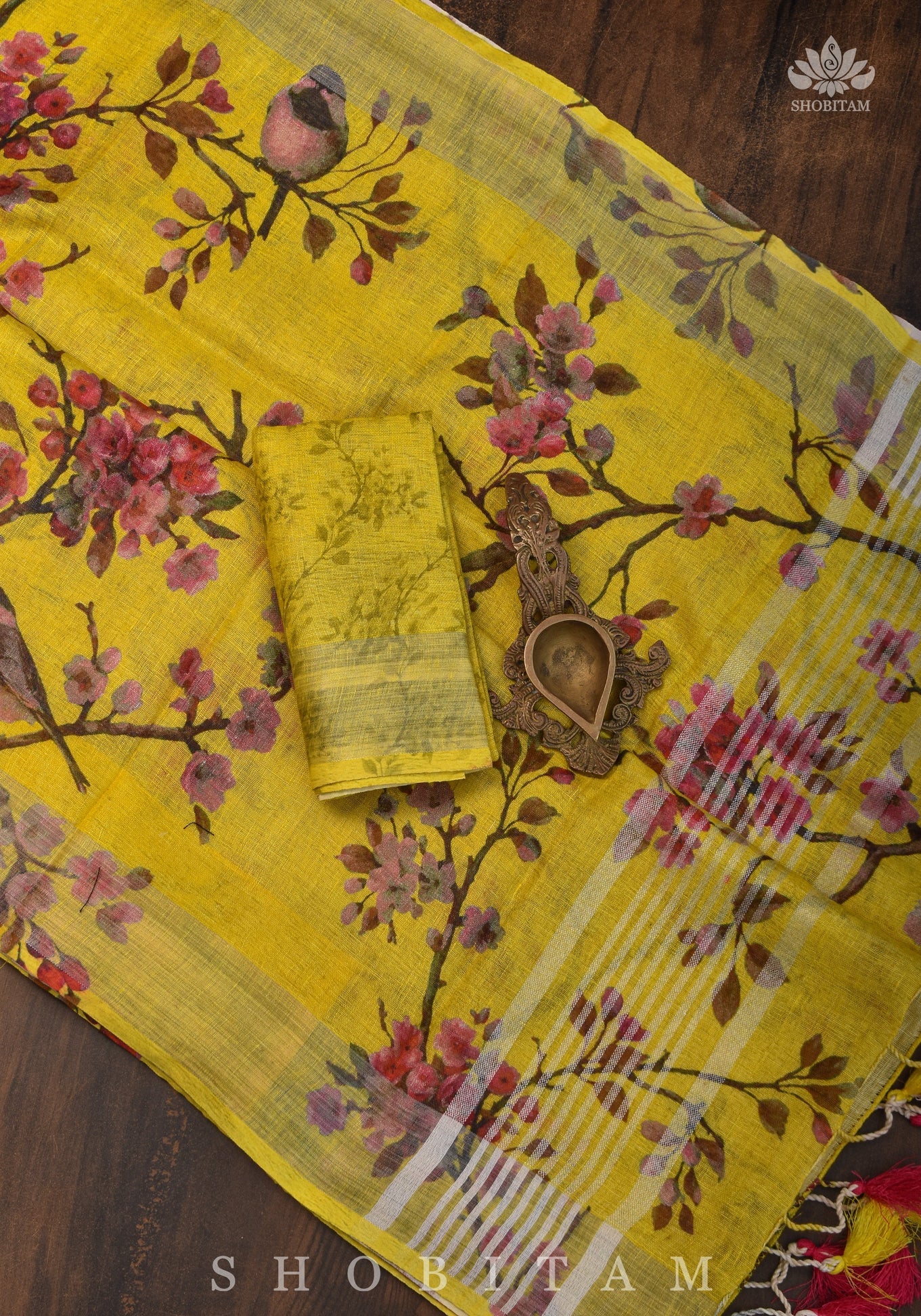 Vidya Balan Yellow Floral Linen Saree with Silver Border | Shobitam Saree