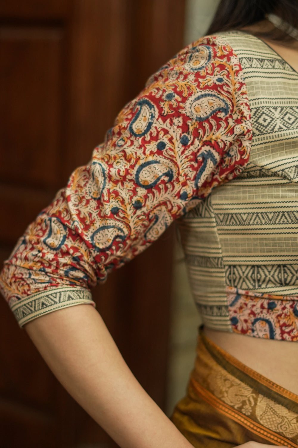 Beige handloom cotton and block print kalamkari V neck blouse