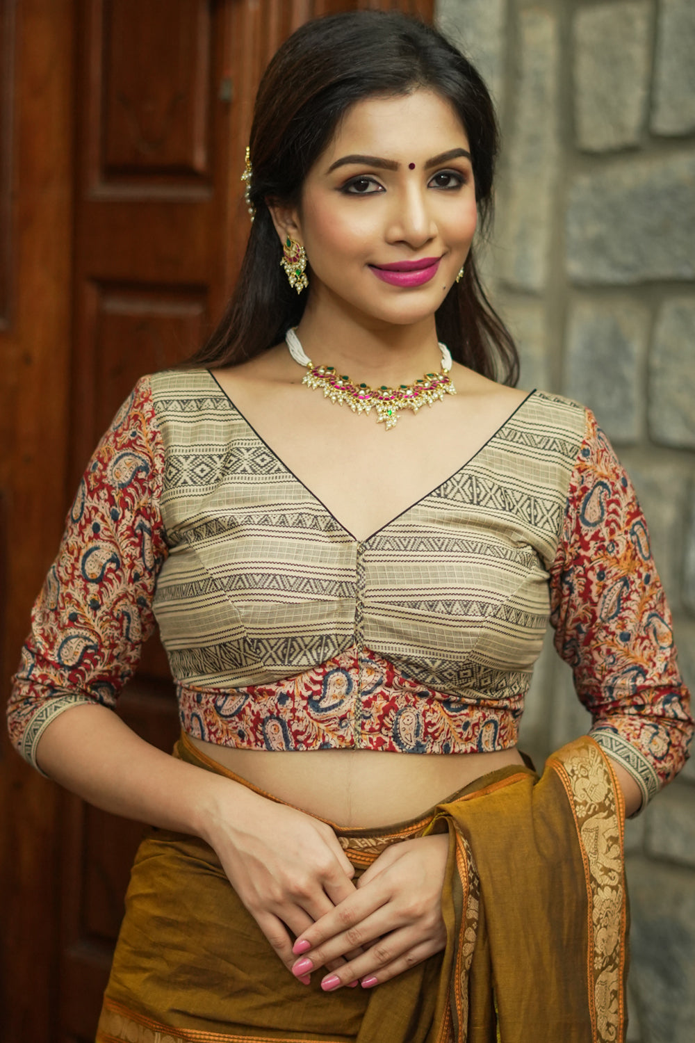 Beige handloom cotton and block print kalamkari V neck blouse
