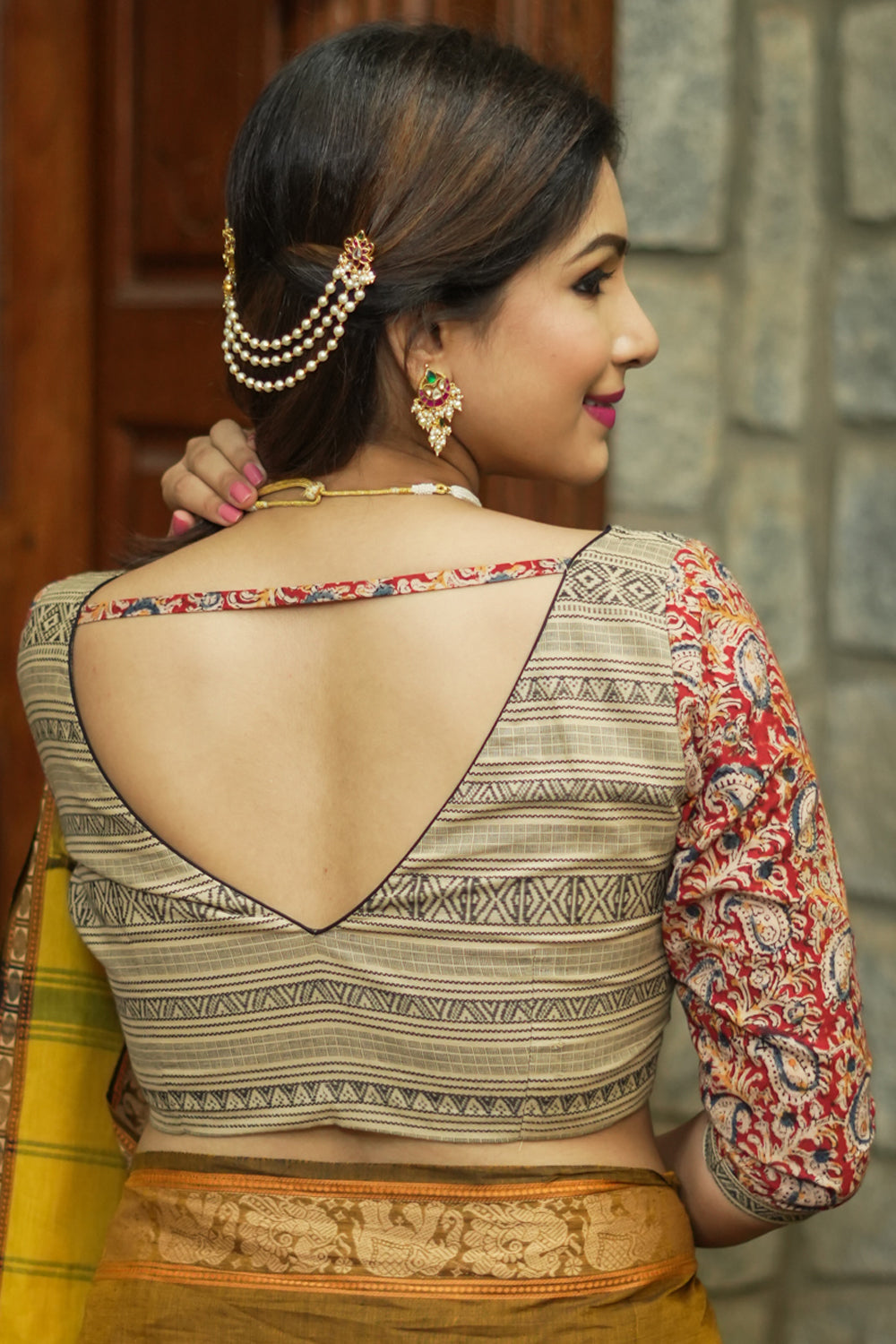 Beige handloom cotton and block print kalamkari V neck blouse