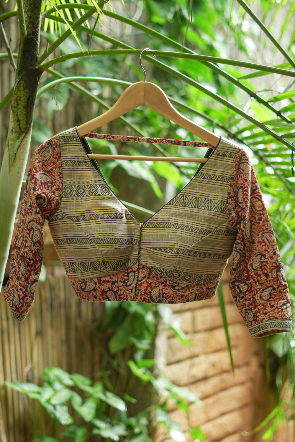 Beige handloom cotton and block print kalamkari V neck blouse