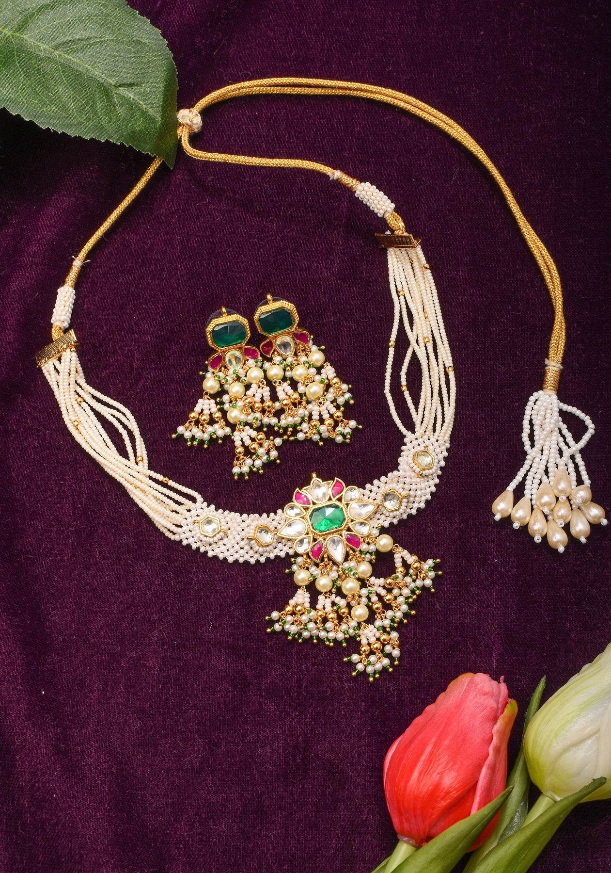 Ornate Jadau Floral Pendant on Multistrand Necklace Set with Dangling pearls