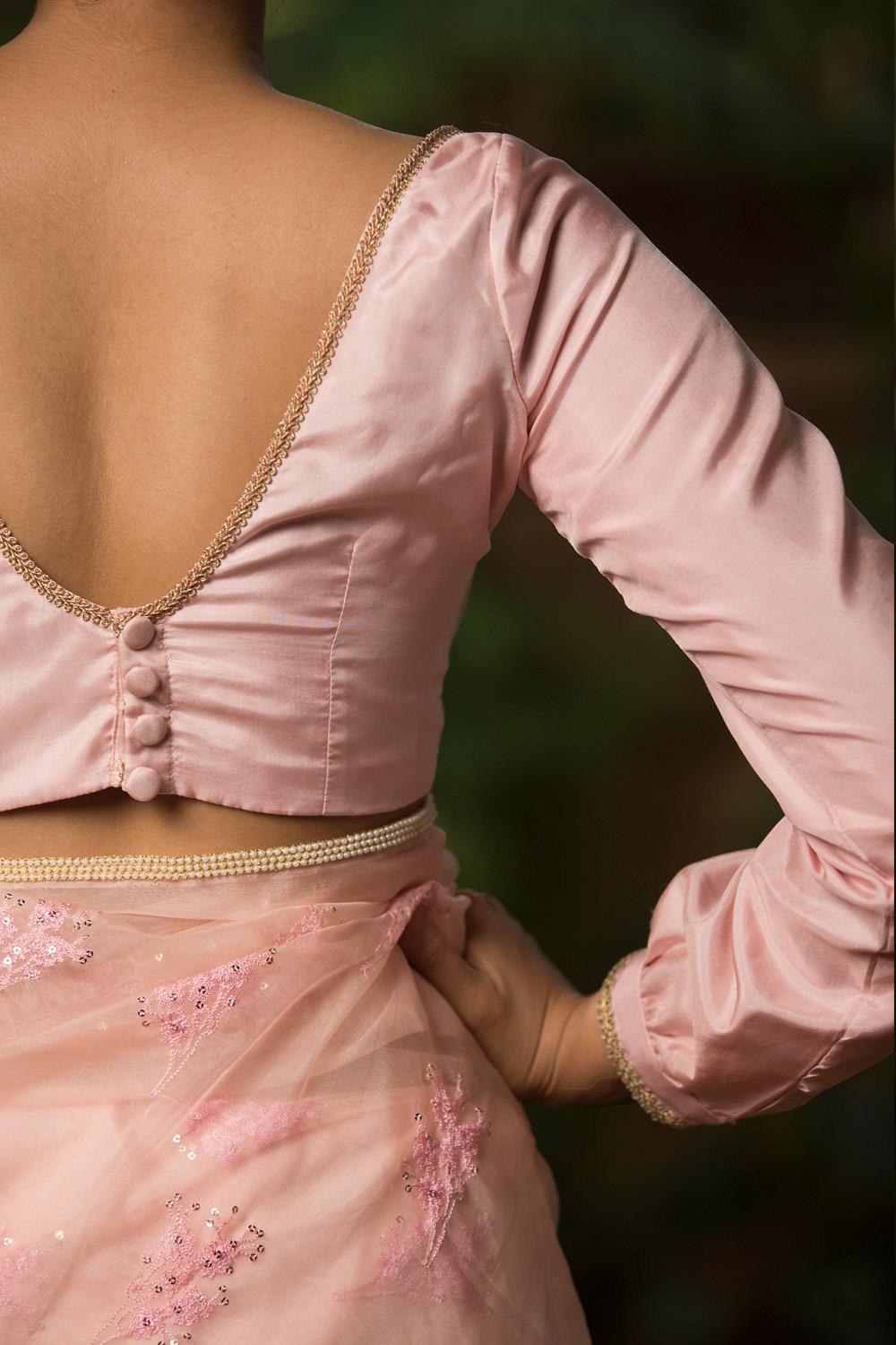 Baby pink silk blouse with gathered sleeves and border detailing