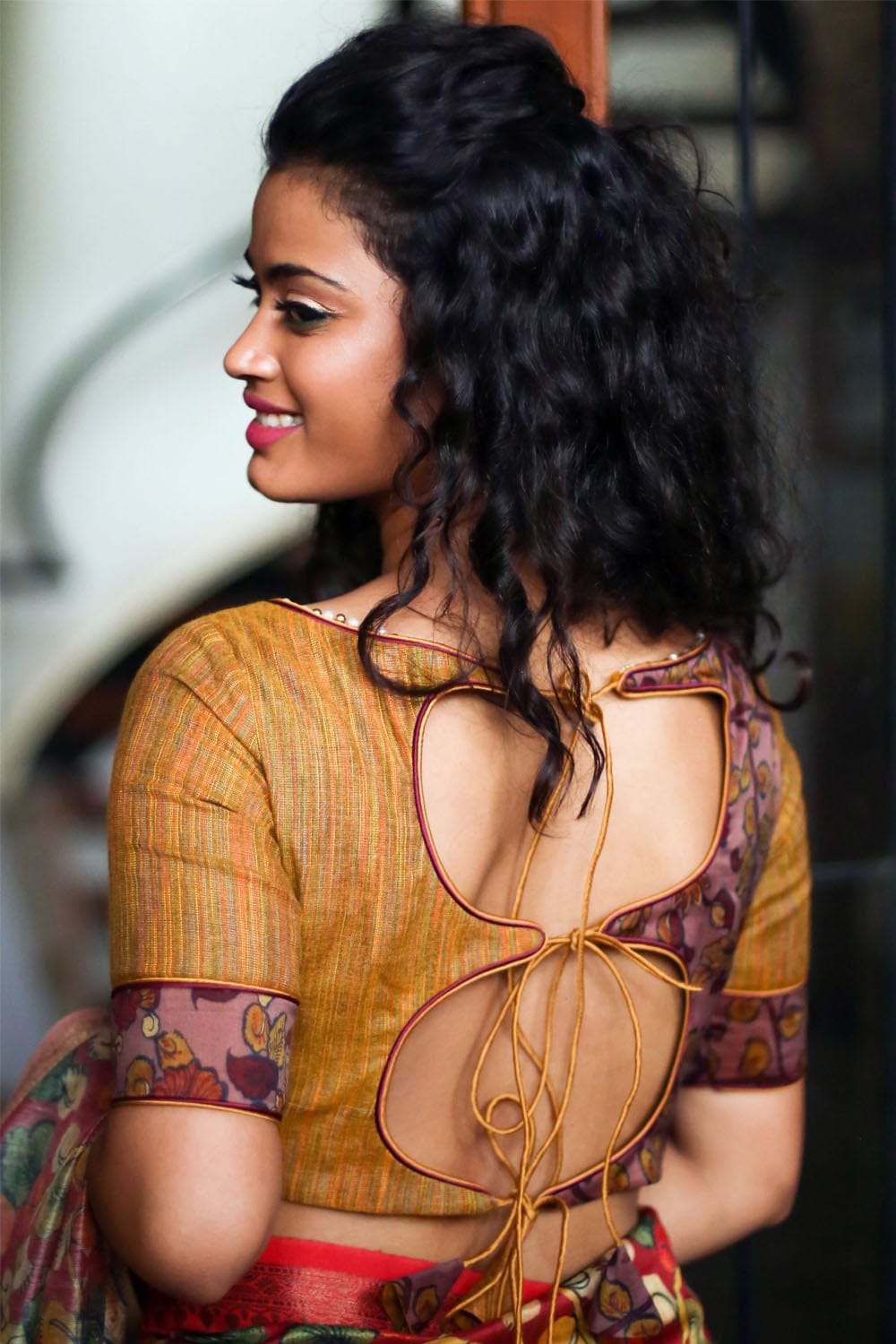Mustard handloom cotton and light chocolate soft chanderi kalamkari close neck blouse with back detailing