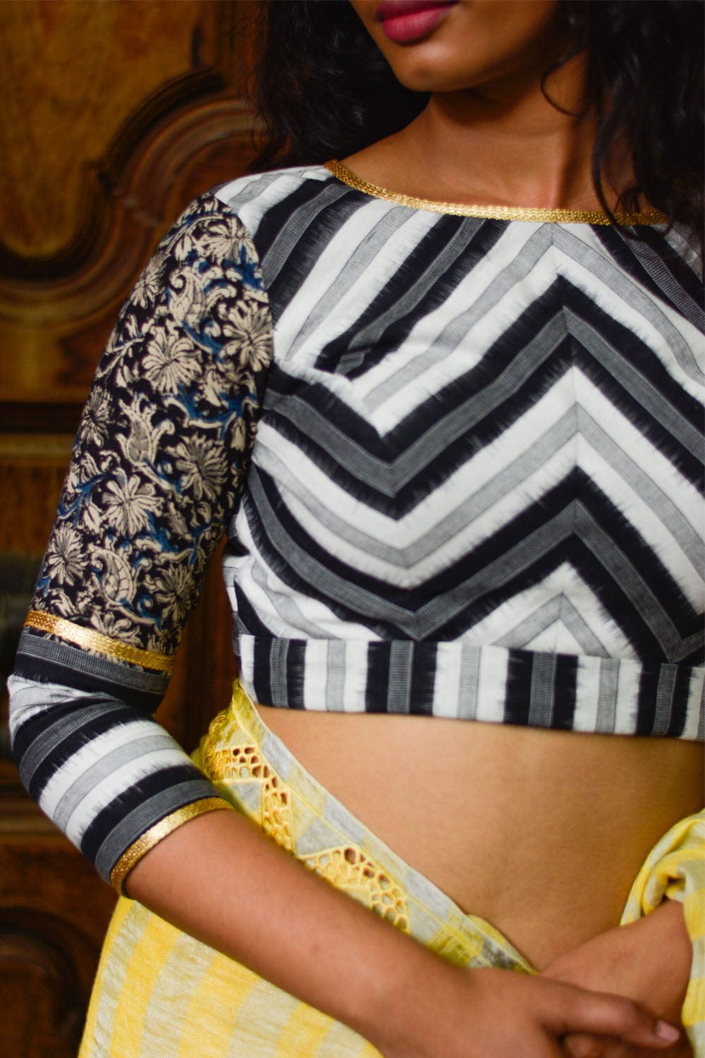 Black and white striped Ikat cotton Hi neck blouse