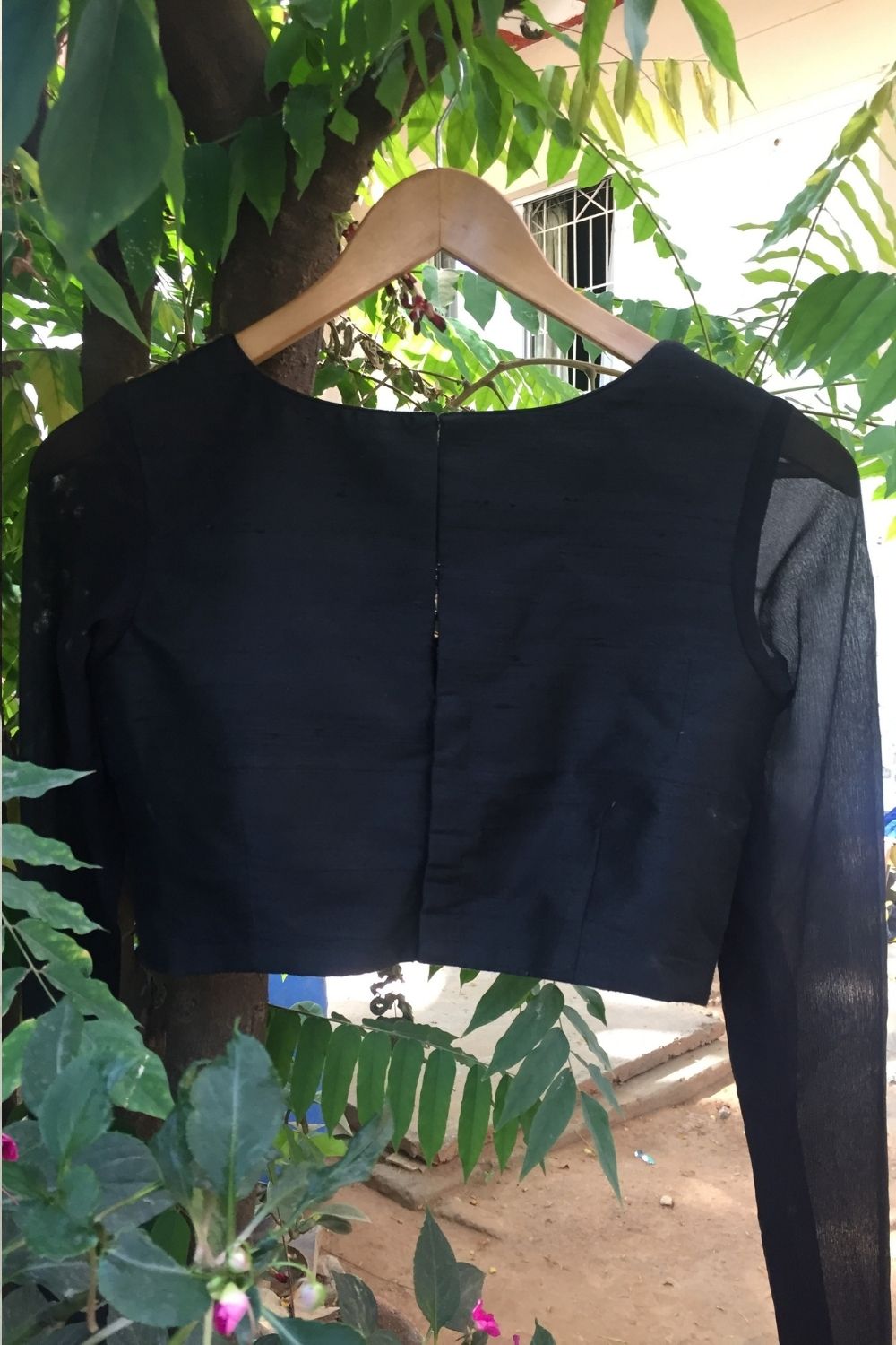 Black Raw silk blouse with embellished yoke and sheer sleeves - House of Blouse