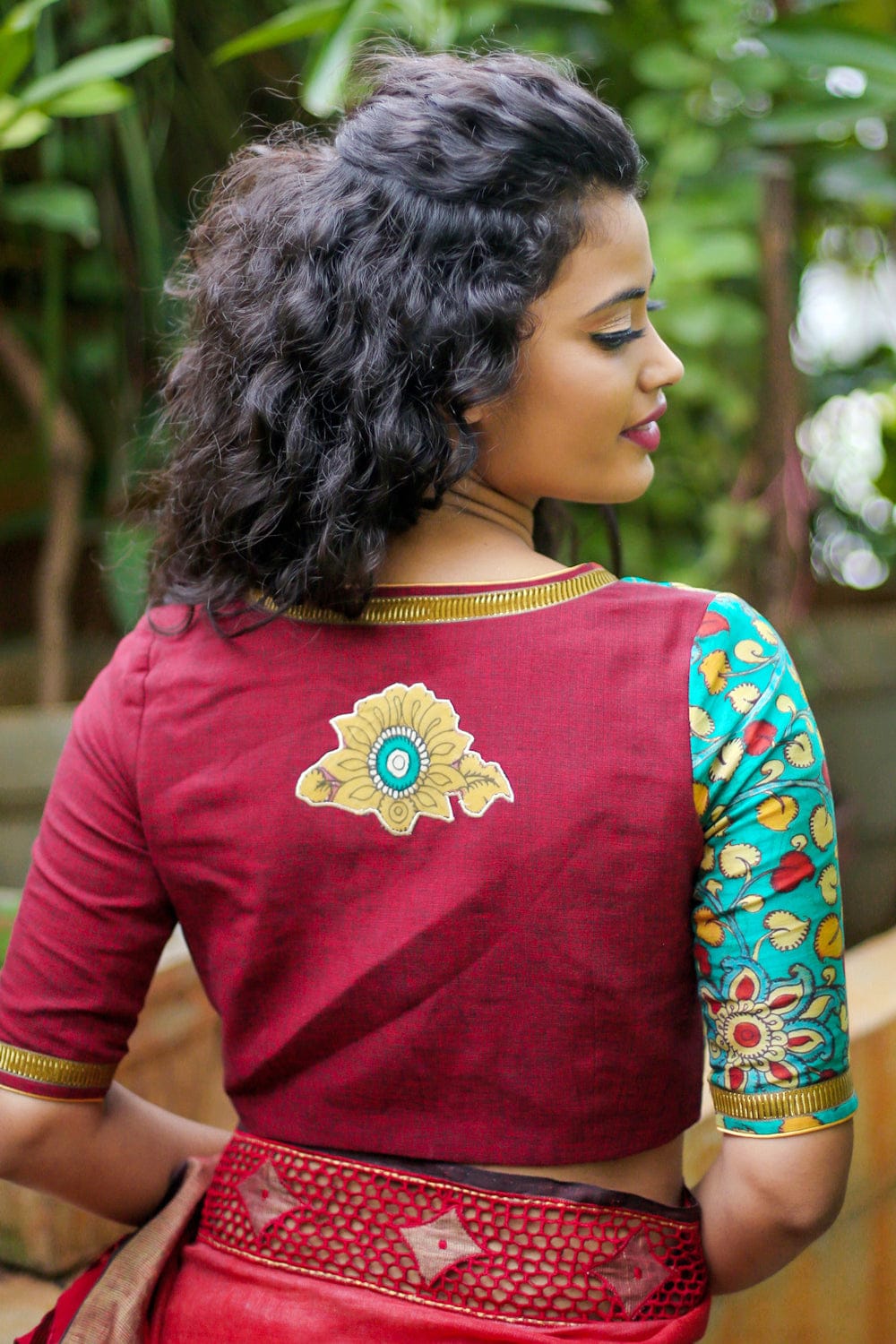 Green soft chanderi kalamkari and maroon handloom cotton angarkha blouse with gota border