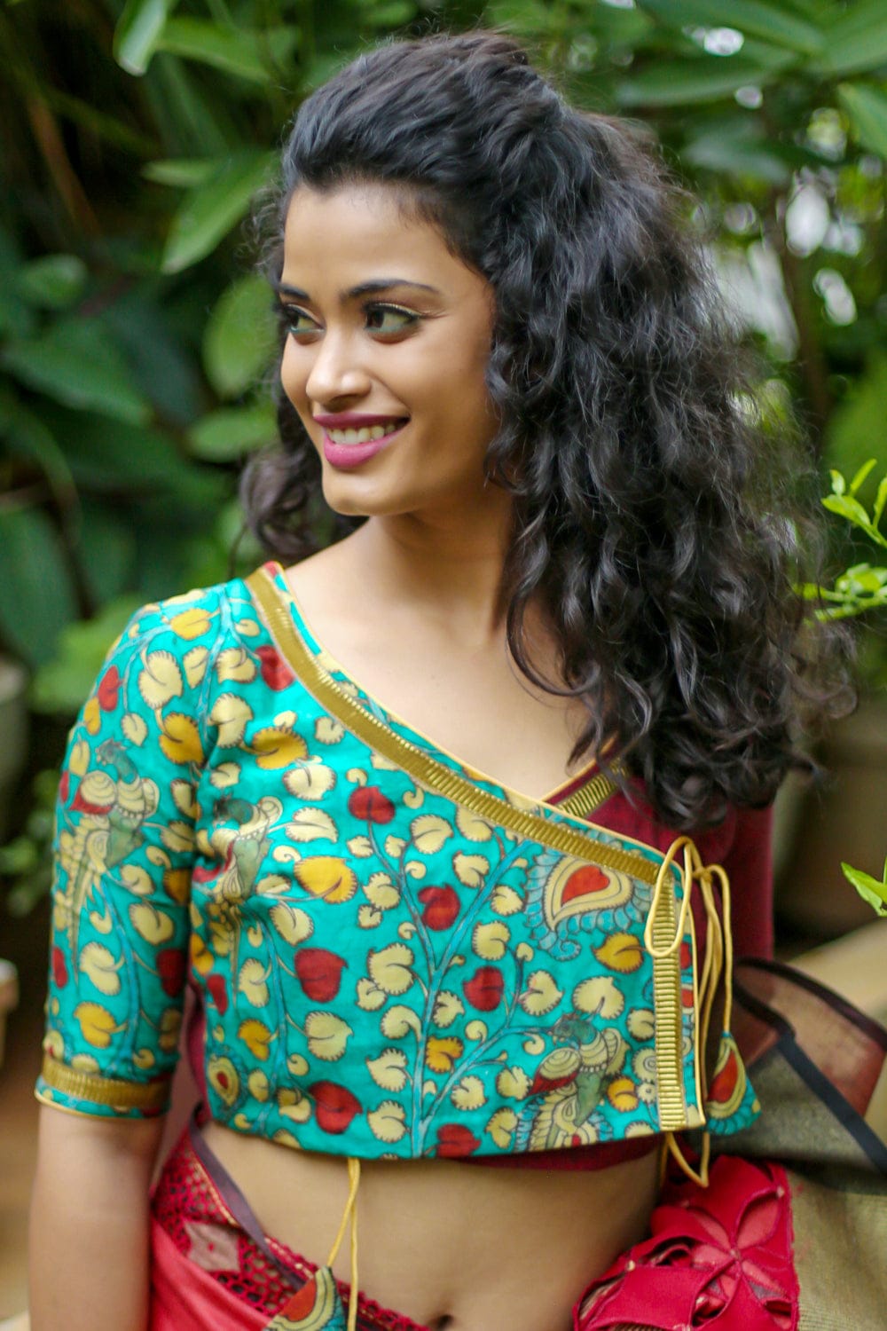 Green soft chanderi kalamkari and maroon handloom cotton angarkha blouse with gota border