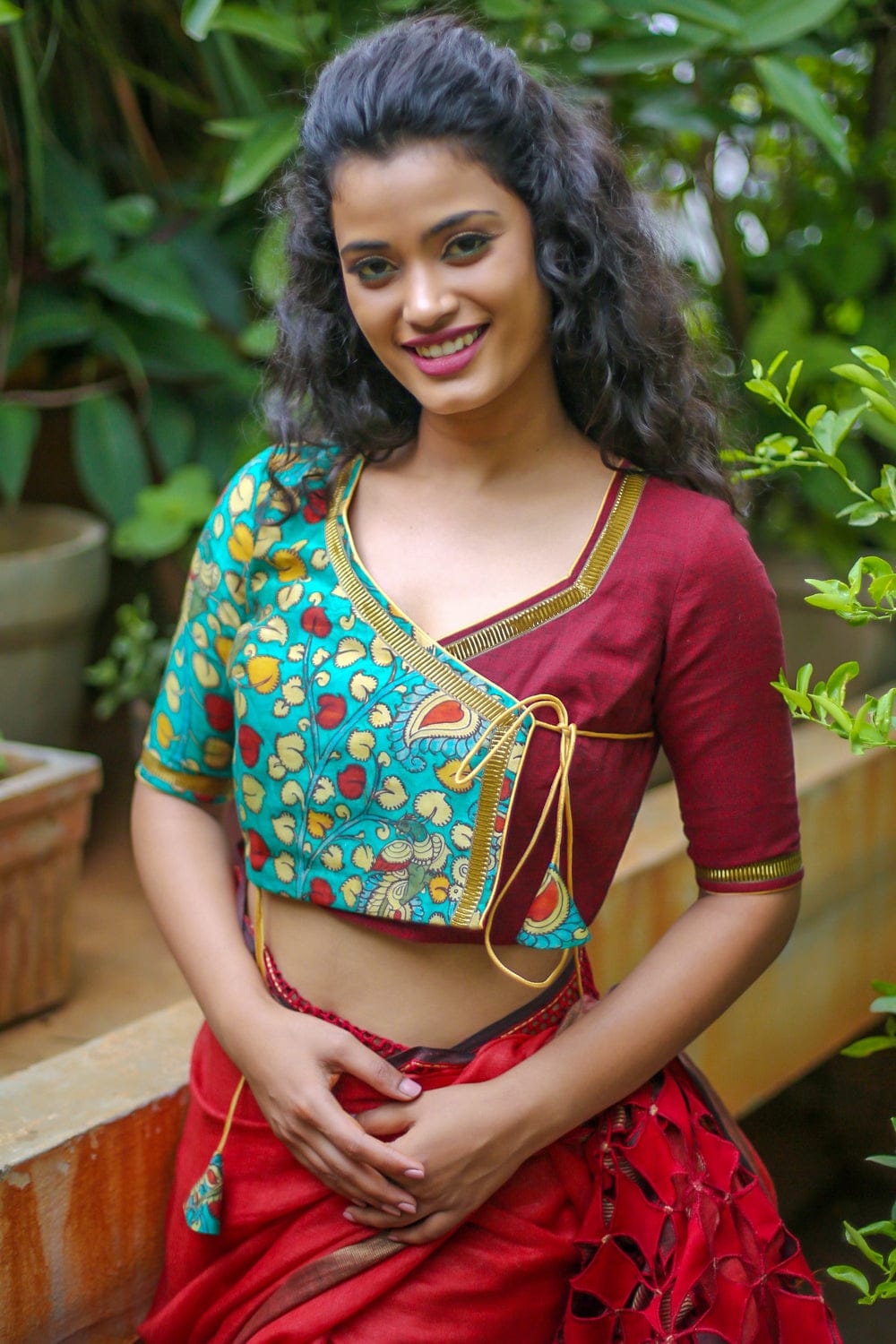 Green soft chanderi kalamkari and maroon handloom cotton angarkha blouse with gota border