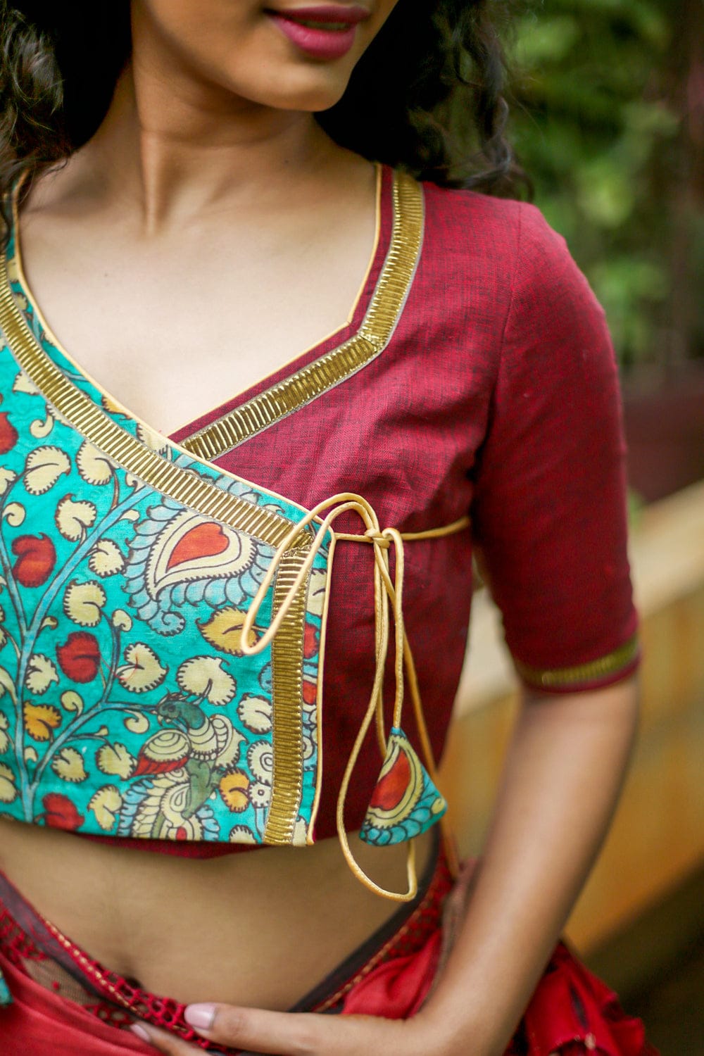 Green soft chanderi kalamkari and maroon handloom cotton angarkha blouse with gota border