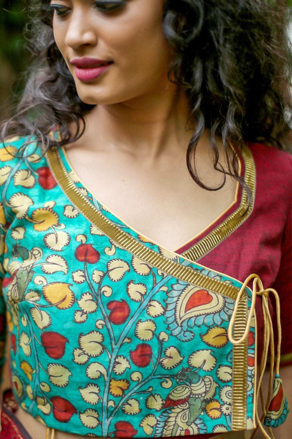 Green soft chanderi kalamkari and maroon handloom cotton angarkha blouse with gota border