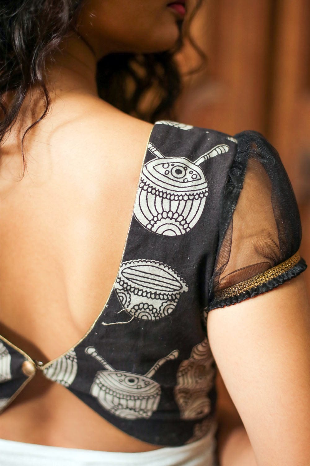 Black kalamkari sweet heart neck blouse with net puff sleeves