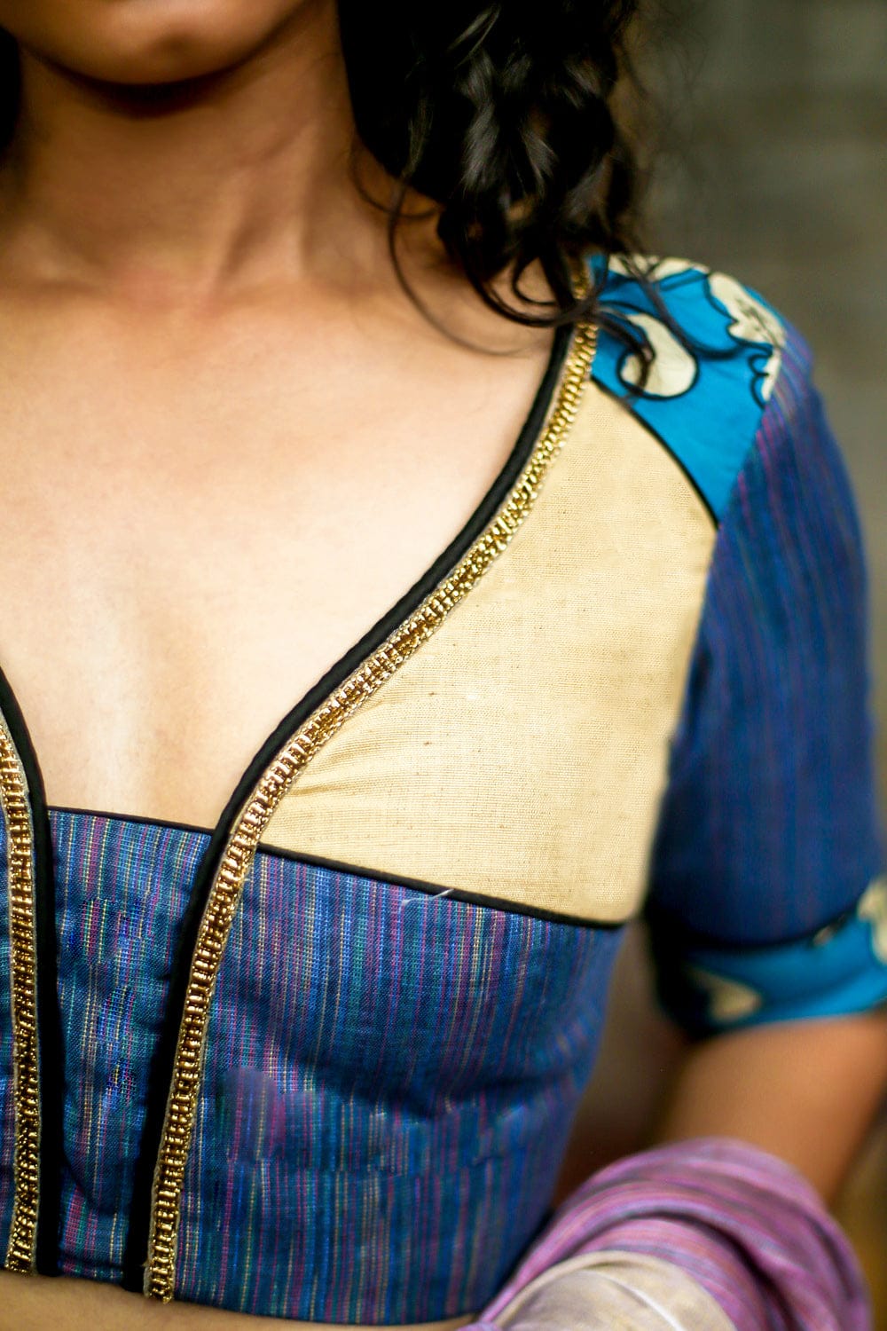 Beige and french navy blue V neck blouse