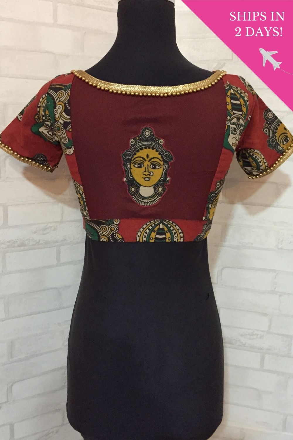 Maroon Kalamkari cotton sheer back blouse; Size: 34