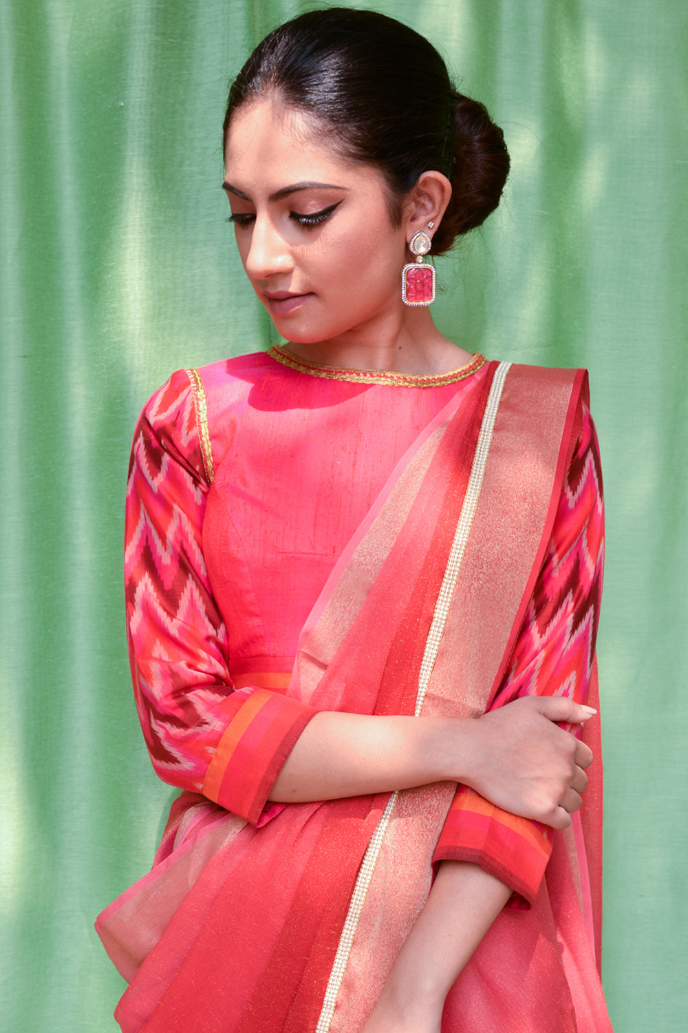 Deep pink handloom cotton silk gold block printed close neck blouse