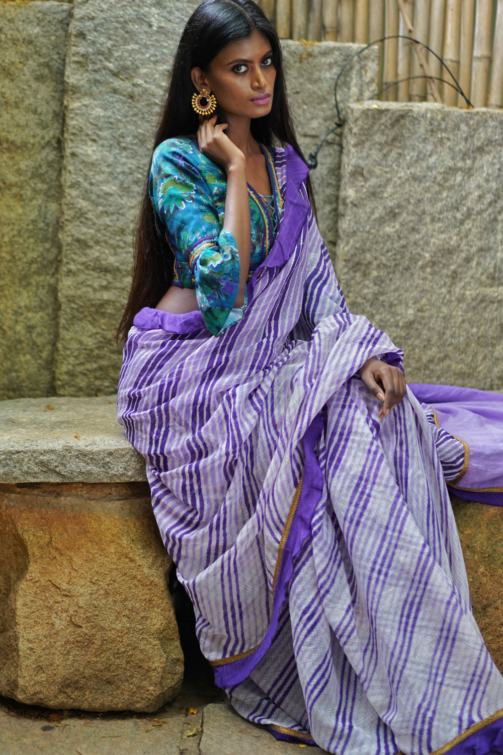 Purple and white handloom & hand dyed leheriya with ruffle saree - House of Blouse