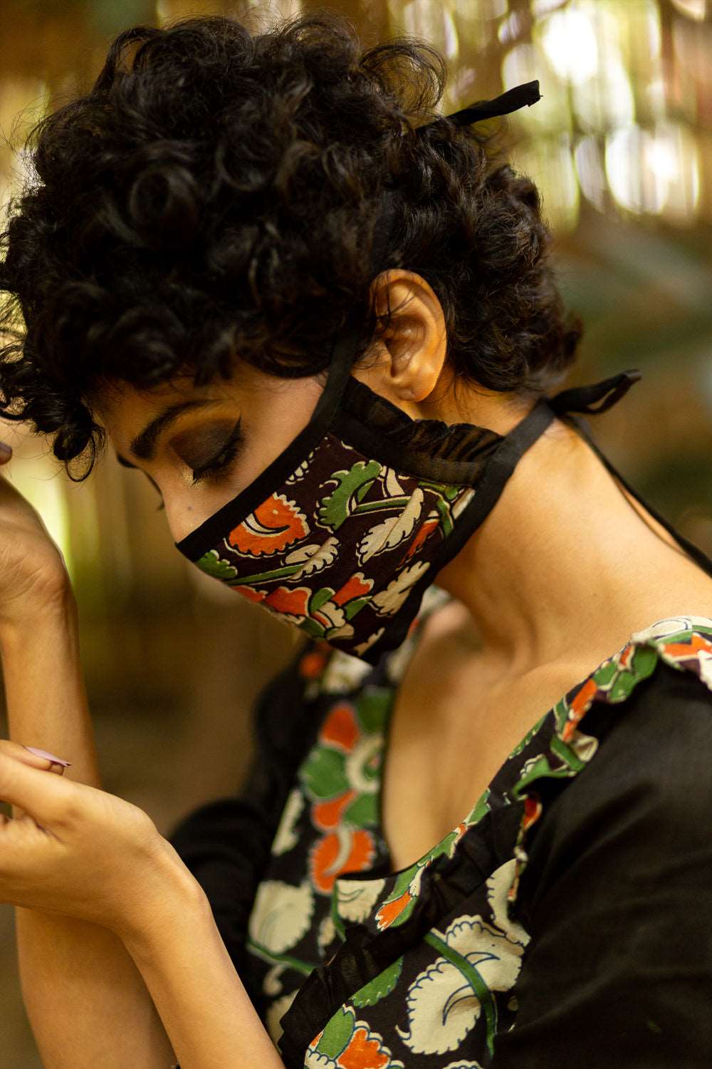 Black Kalamkari cotton blouse with bishop sleeves and ruffle detailing + face mask - House of Blouse