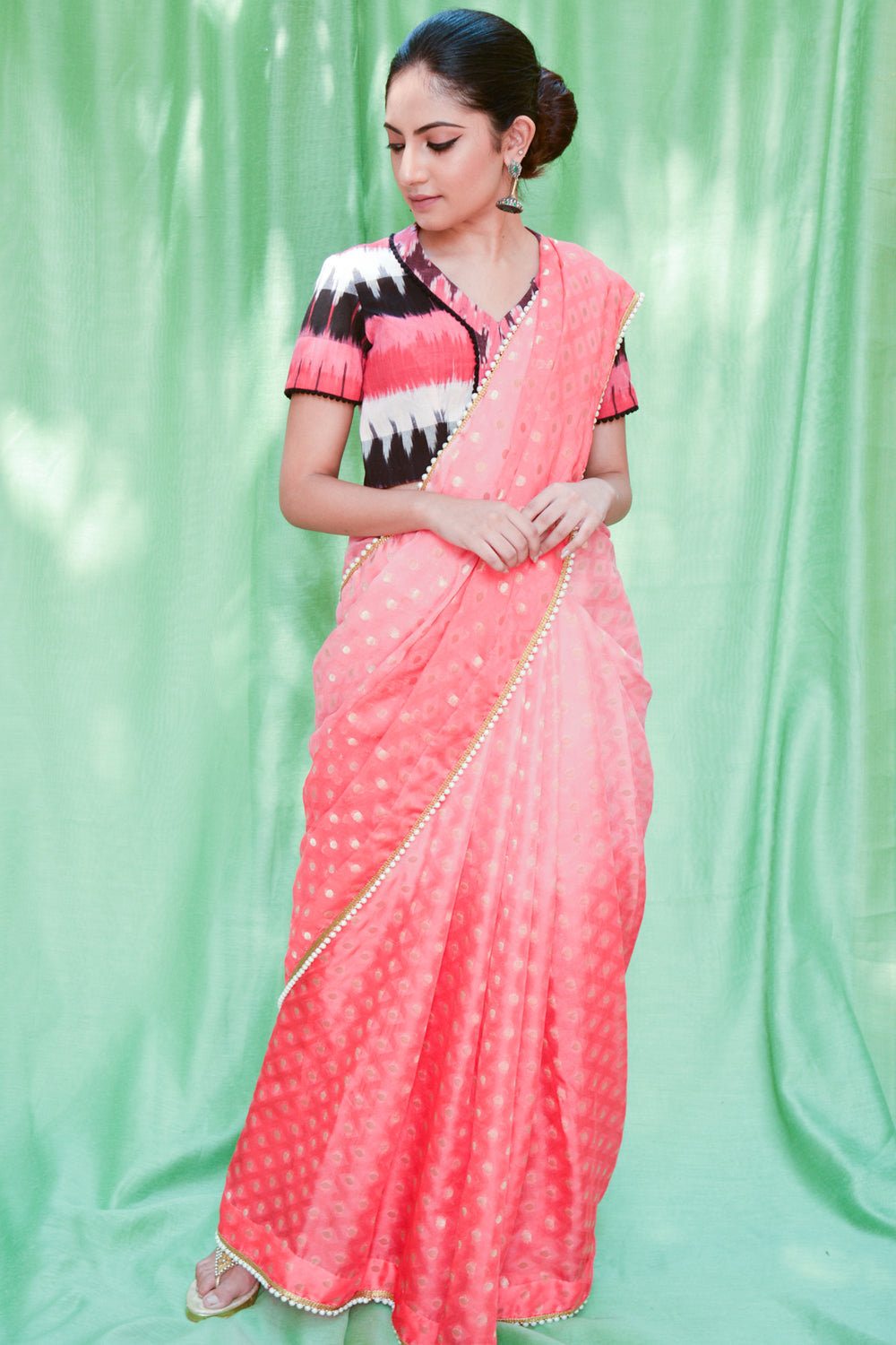 Pink ombre shaded shimmer georgette saree with zari buttis and pearl edging - House of Blouse