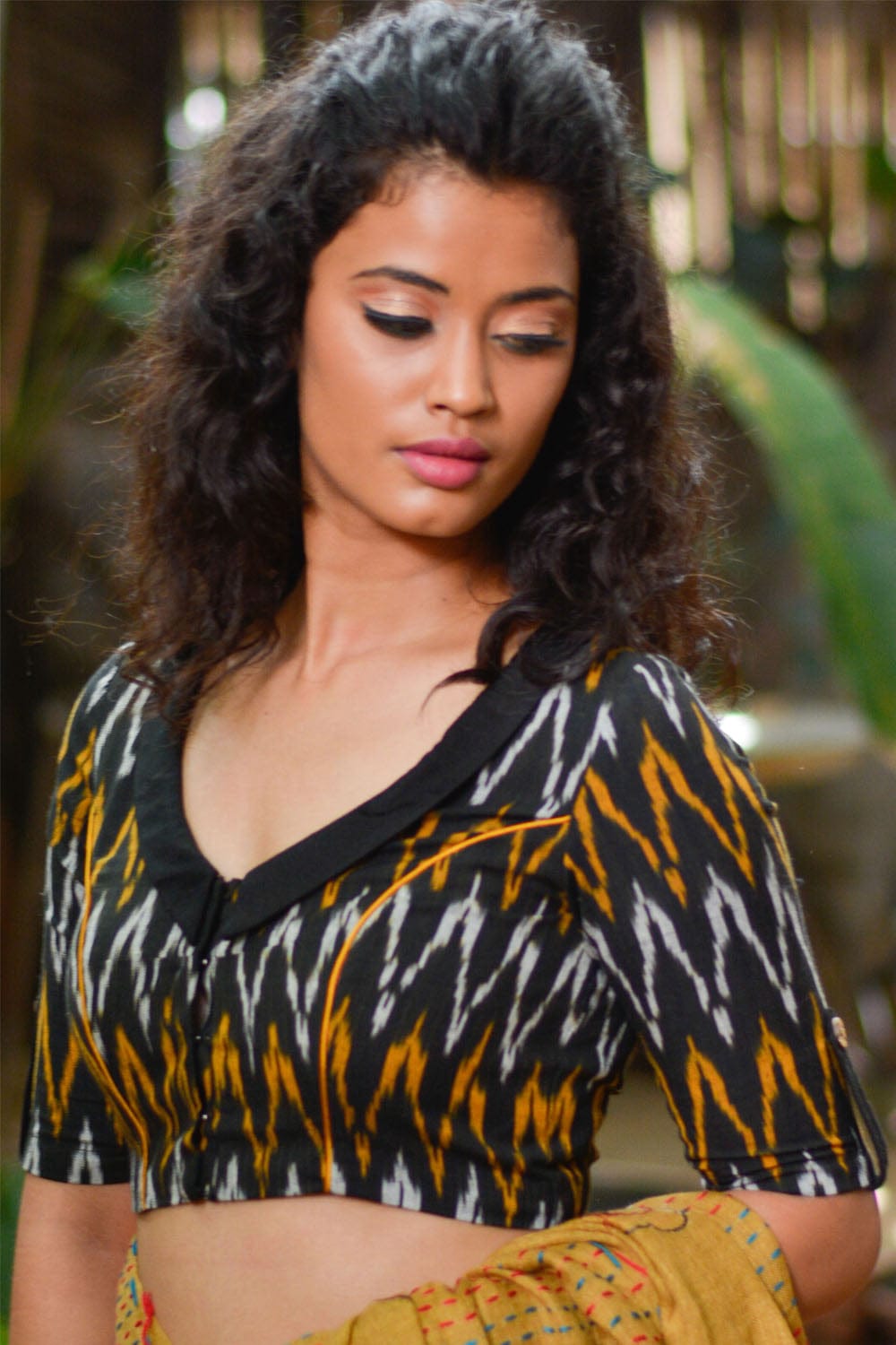 Black and mustard ikat cotton V neck collared blouse with cuff detailing