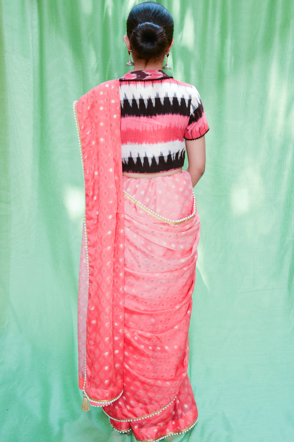 Pink ombre shaded shimmer georgette saree with zari buttis and pearl edging - House of Blouse