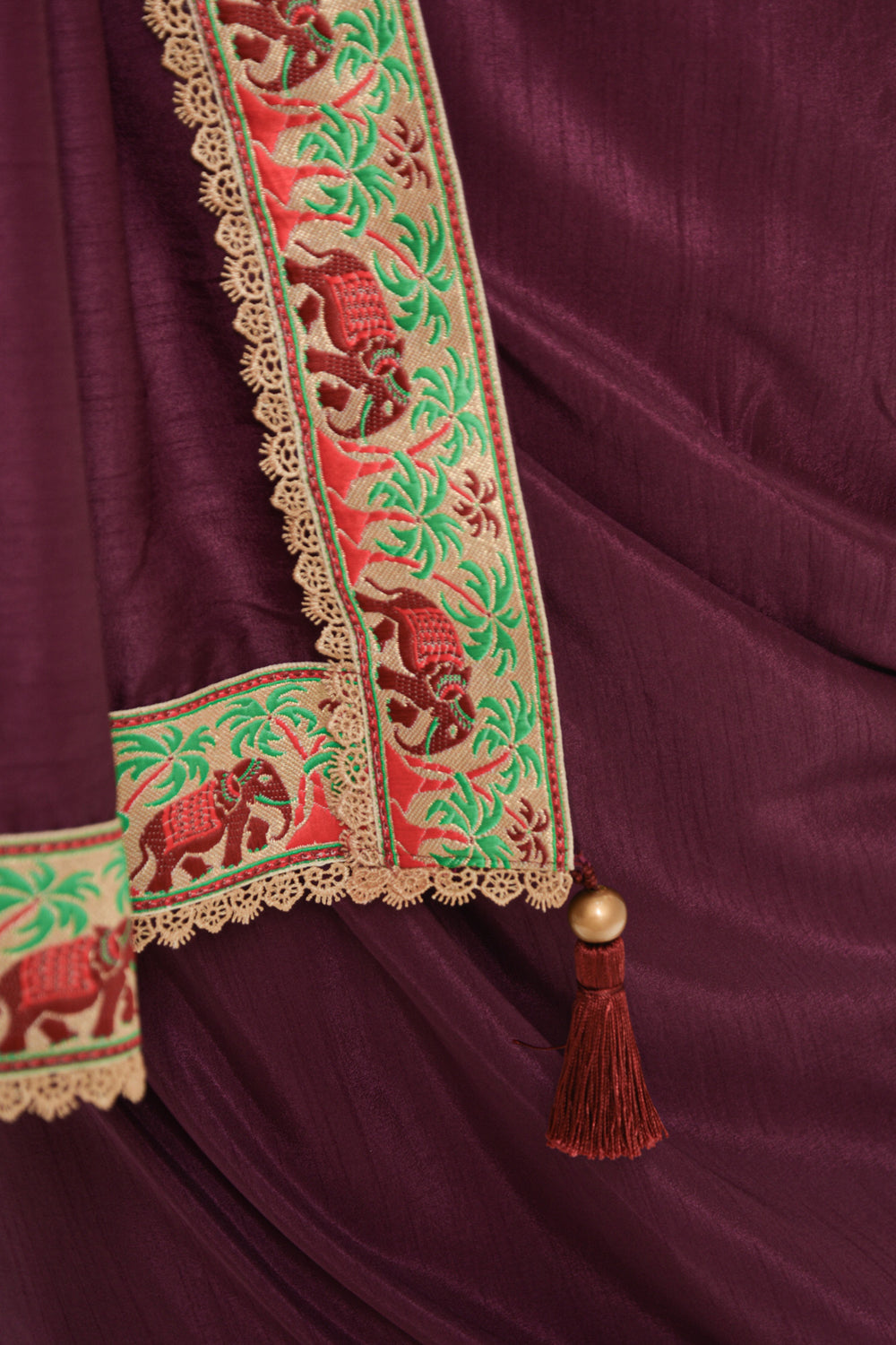 Purple semi matka silk saree with Banaras threadwork border and pink lace edging - House of Blouse