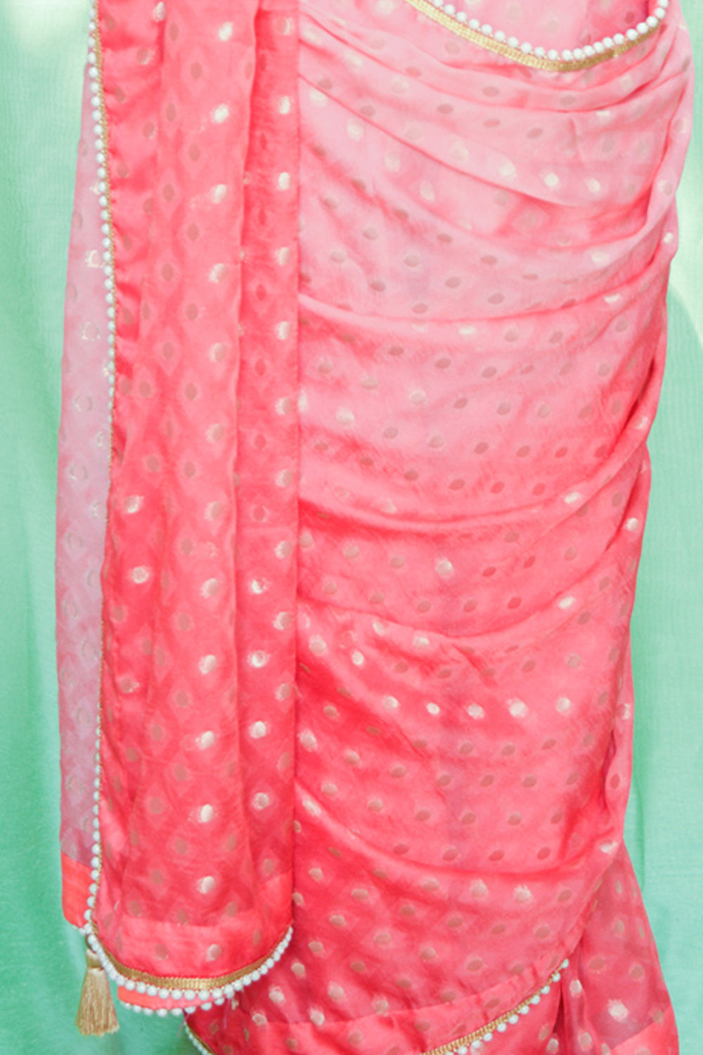Pink ombre shaded shimmer georgette saree with zari buttis and pearl edging - House of Blouse