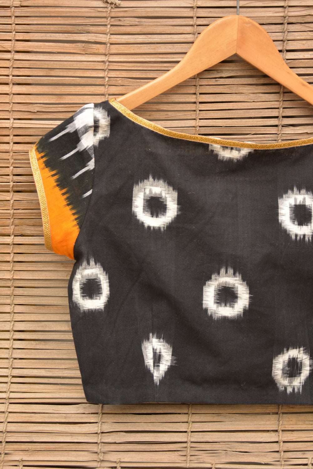 Black and white Ikat cotton sweetheart neck two fabric blouse - House of Blouse