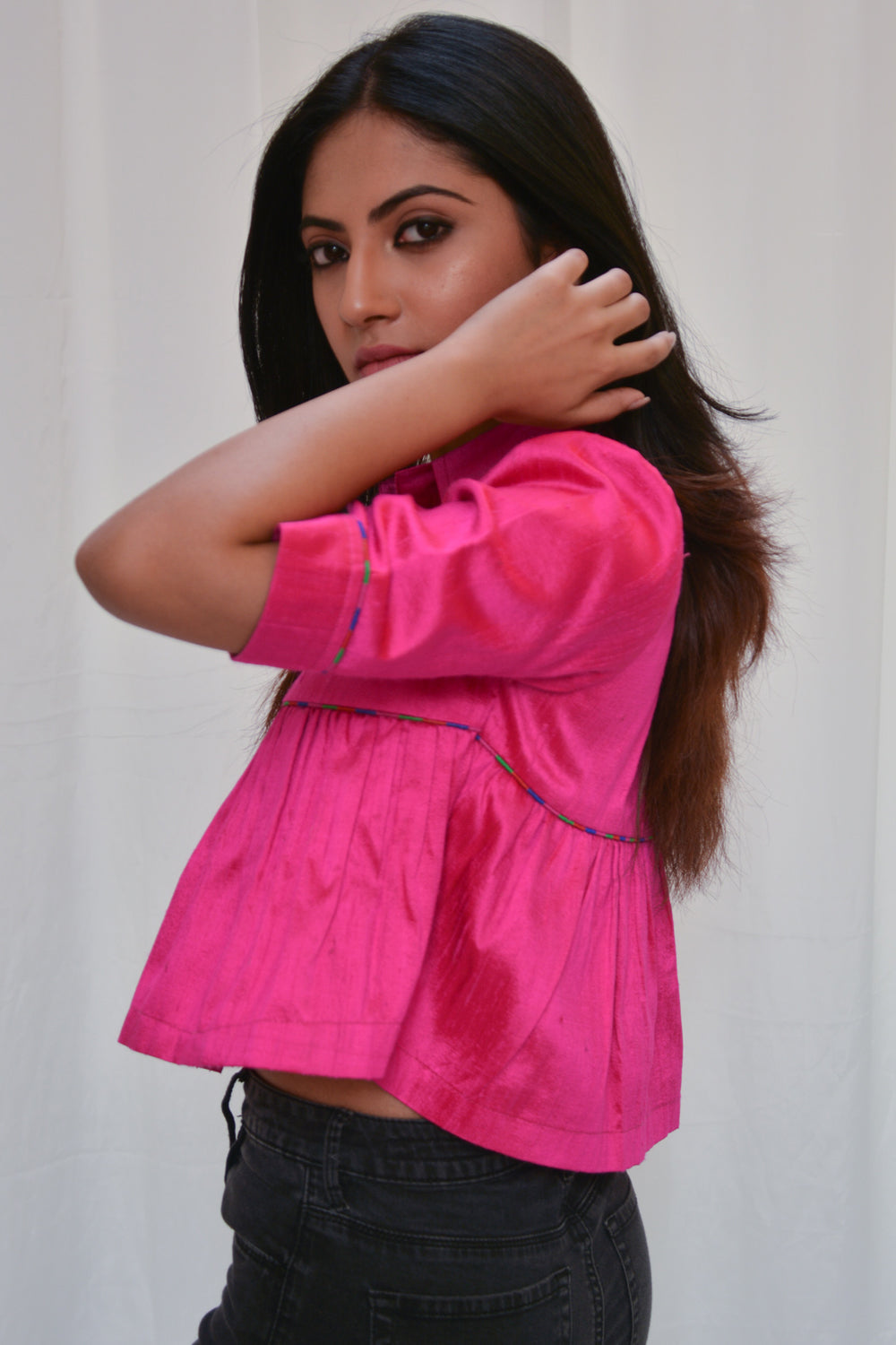Pink raw silk swing top - House of Blouse