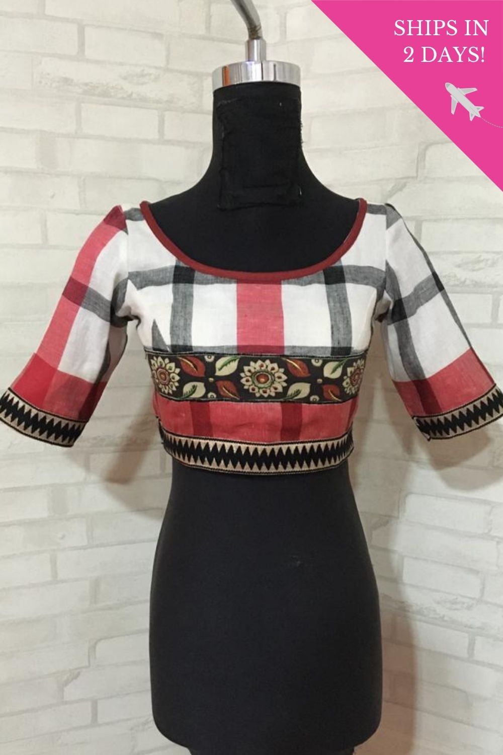 White and black checked linenblouse with embroidered handpainted kalamkari border - House of Blouse