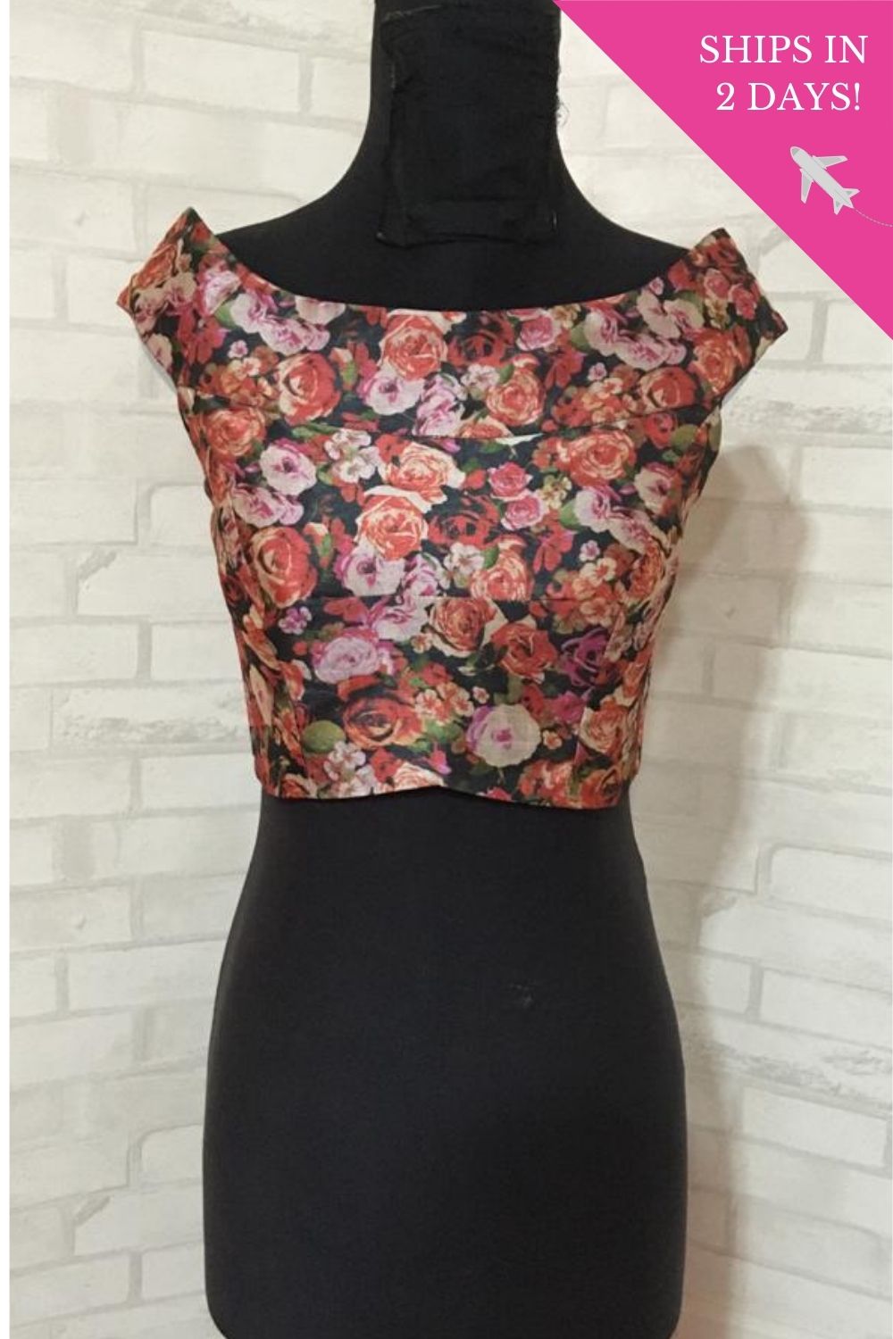 Pink and black floral printed off shoulder blouse: Size-34 - House of Blouse
