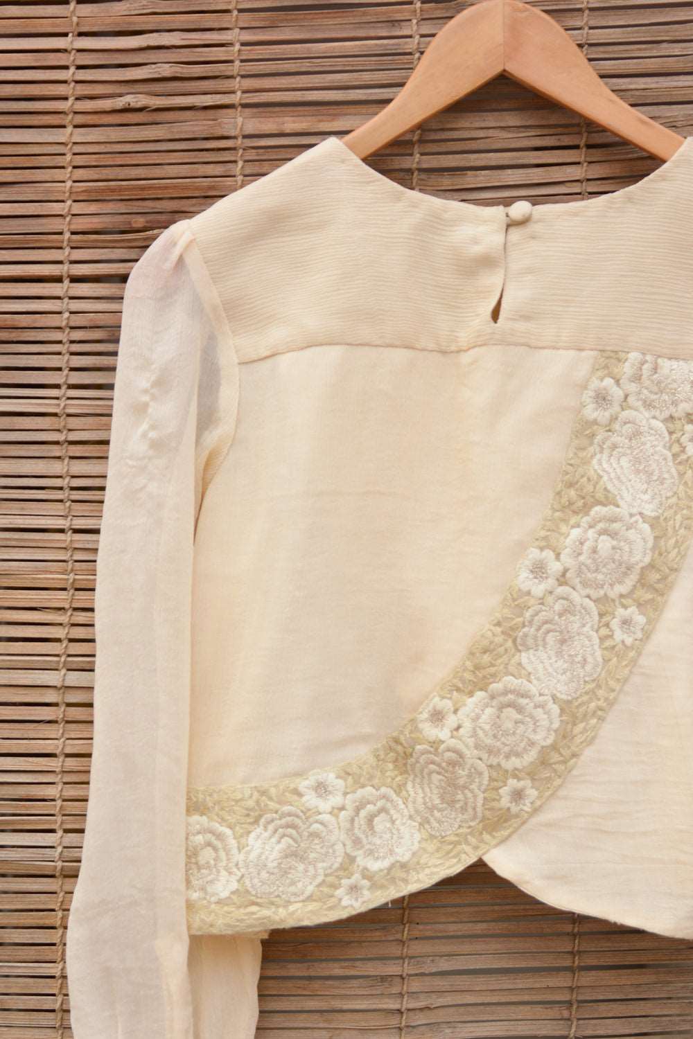 Beige chiffon crop top with bishop sleeves - House of Blouse