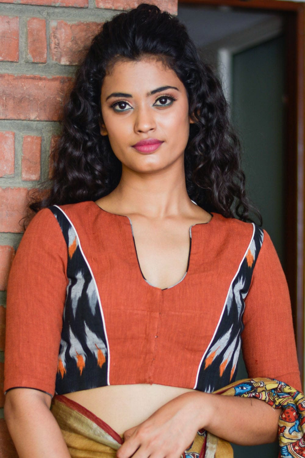 Rust handloom and black ikat cotton blouse