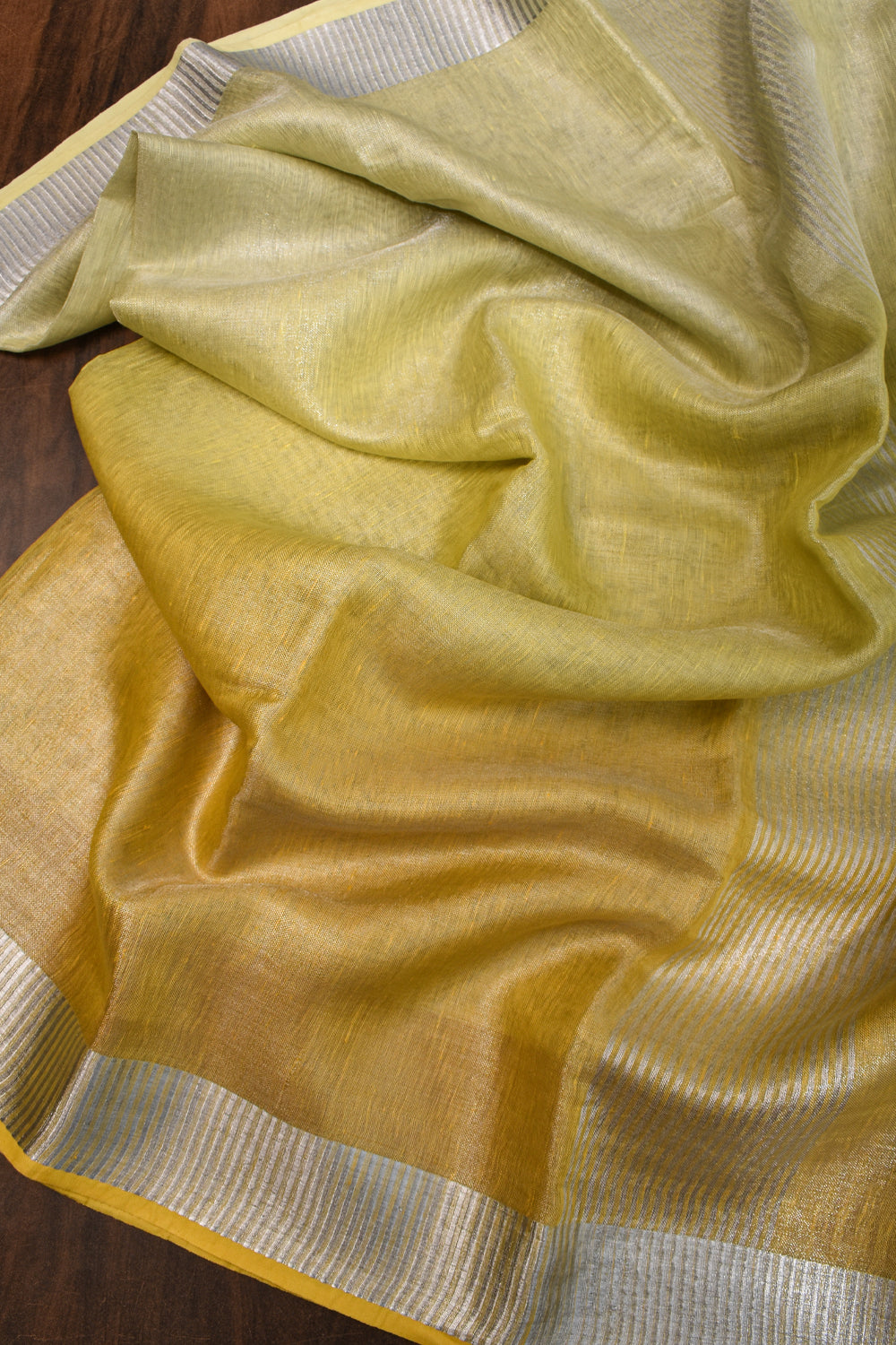 Pretty Daffodil Yellow and Silver Ombre Tissue Linen saree