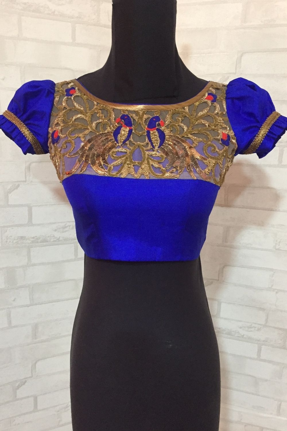 Royal blue pure silk blouse with embellished yoke - House of Blouse